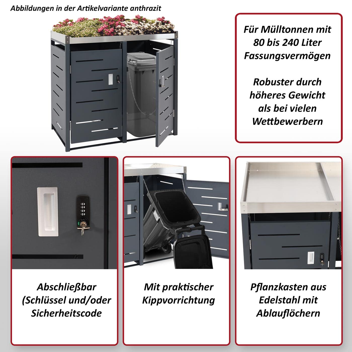 Mendler 2er-Mülltonnenverkleidung HWC-H40b 110x115x62cm Edelstahl | Mülltonnenbox, Pflanzkasten, Metall-Kombi, 39kg, erweiterbar