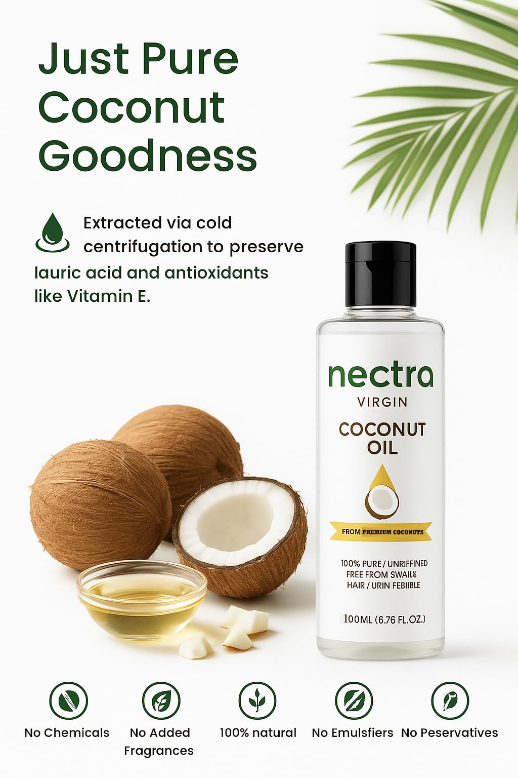NECTRA Virgin Coconut Oil 100ml | Cold Pressed, 100% Natural | For Hair Growth, Skin Care & Baby Massage | Multipurpose Edible Coconut Oil 1