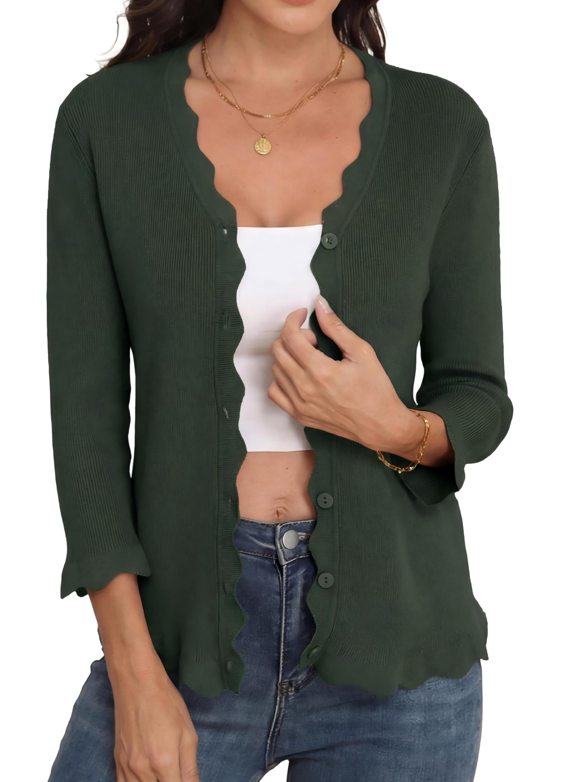 GRECERELLE Damen Leichte Strickjacke mit V-Ausschnitt 3/4-Ärmel Knöpfen Kurz Eleganter Stricken Cardigan Spring Sommer Herbst