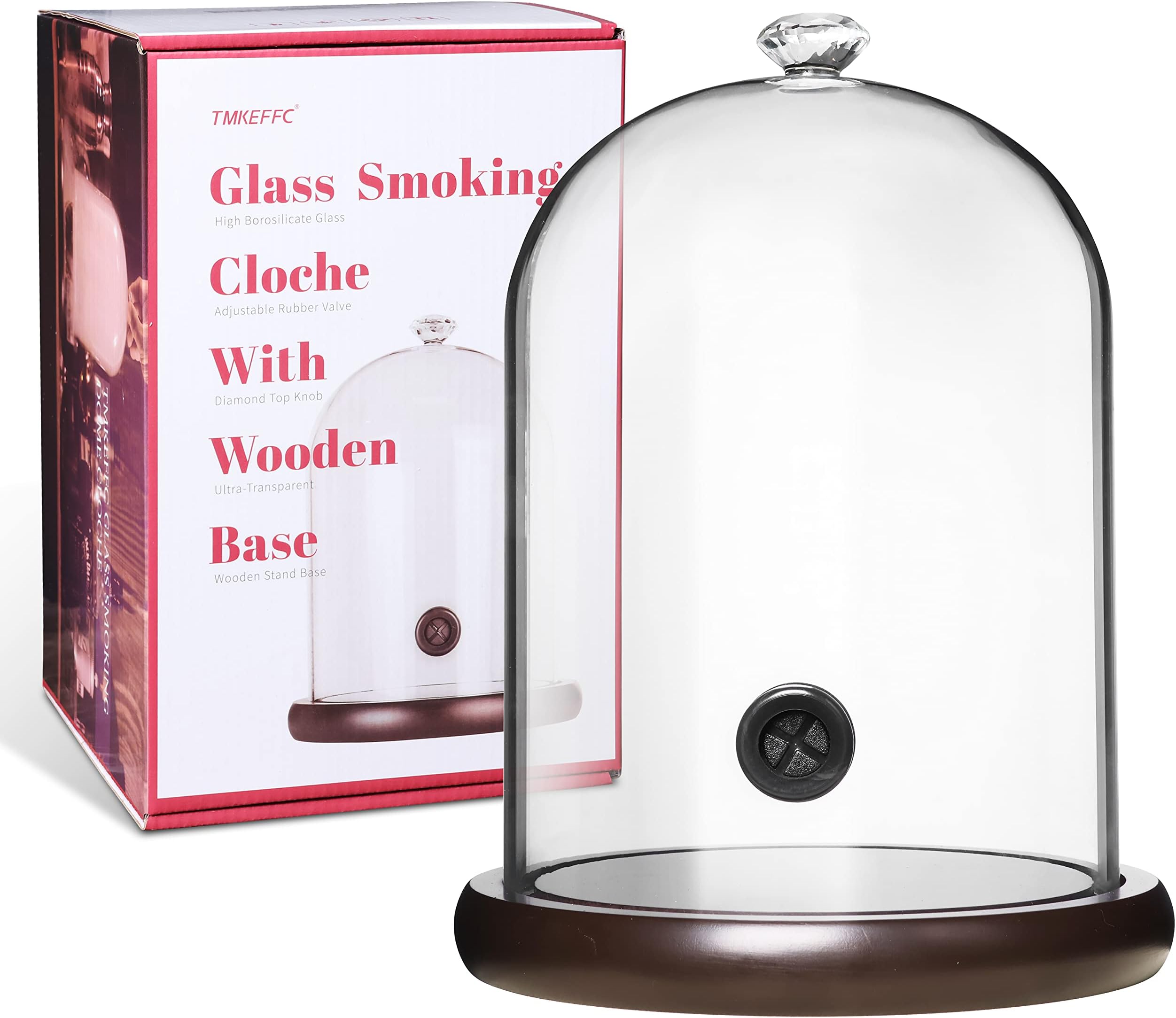 Smoking Cloche For Food Drinks With Wood Base, Cocktails Smoke Infuser Accessory, Glass Dome for Smoker Gun