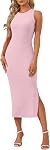 WNEEDU Womens 2026 Summer Dresses Bodycon Sleeveless Slit Ribbed Midi Dress | Trendy casual style,Stretchy knit fabric,Easy to wear with heels or jackets,Suitable for vacation party work daily wear