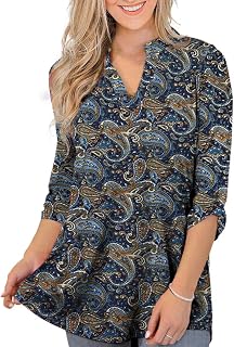 Womens Floral Printed Tunic Tops 3/4 Roll Sleeve V Neck Blouses Long Sleeve Shirts for Women