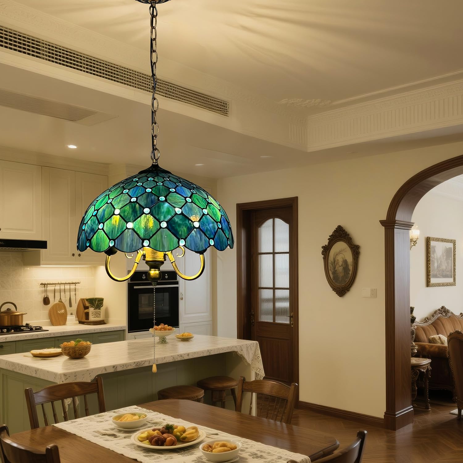Tiffany Pendant Light, Sea Blue Pearl Style Stained Glass Pendant Light 16'' Wide 3-Light, Inverted Ceiling Pendant Lights for Living Dining Room Kitchen Bedroom Entryway