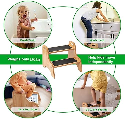 Miniatura 4 de StrongTek Taburetes de madera de 2 escalones para niños, superficie antideslizante segura con asas, capacidad de 350 libras, taburete portátil para