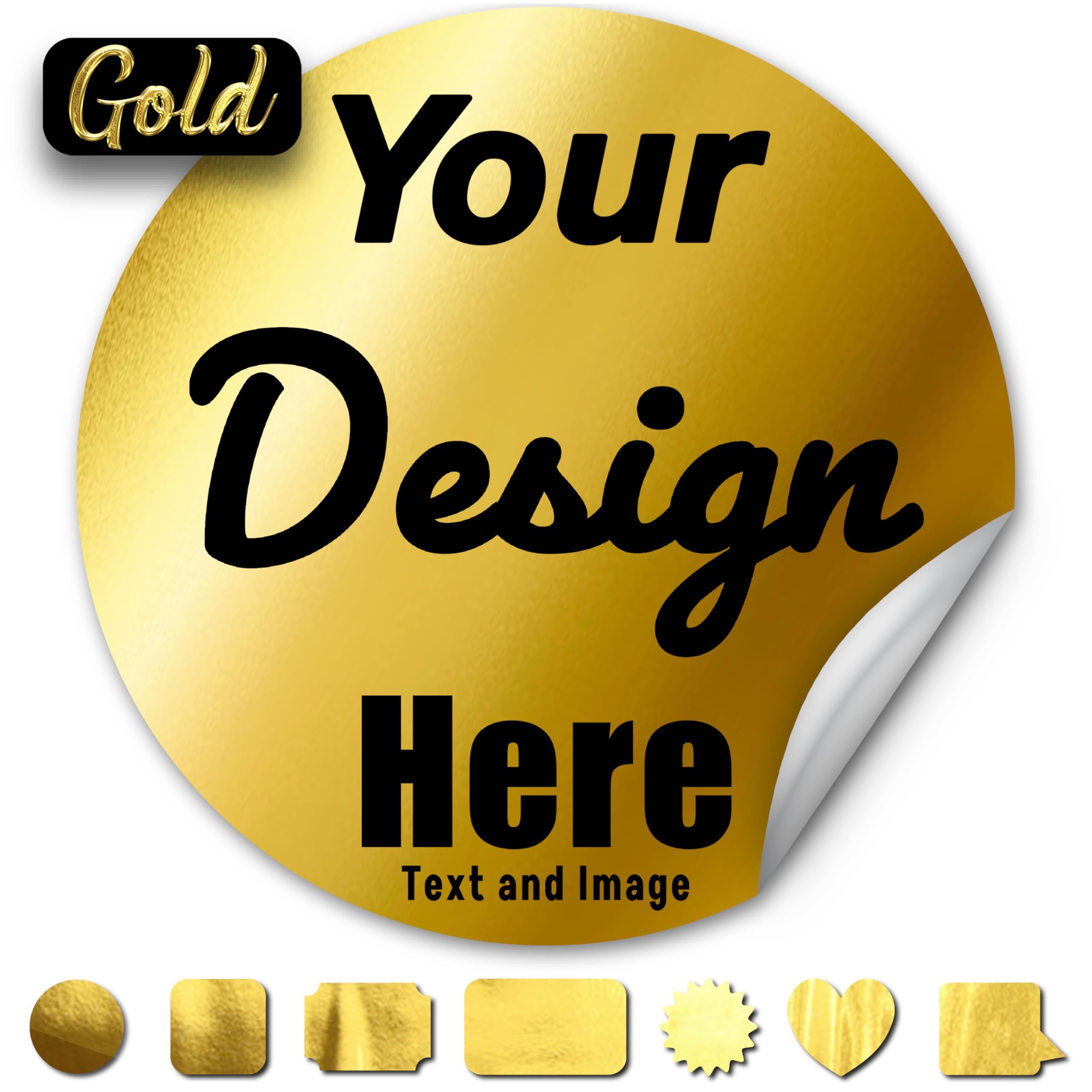 VulgrCo Custom Gold Stickers – Design Your Own Waterproof Vinyl Labels with Image, Text, Photo or Logo – Brushed, Mirrored, Gold Glitter – Dishwasher