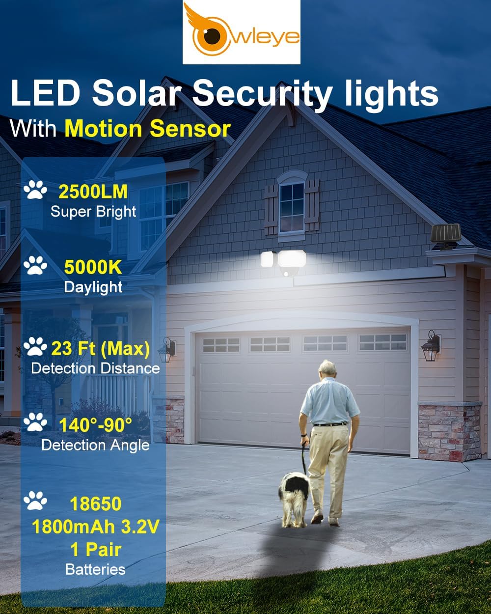 Owleye 2500LM LED Solar Flood Lights Outdoor with Motion, IP65 Waterproof Security Light with 2 Adjustable Head, 3600mAh 3.2V Battery Powered, Separate Solar Panel Lights for Yard, Garage