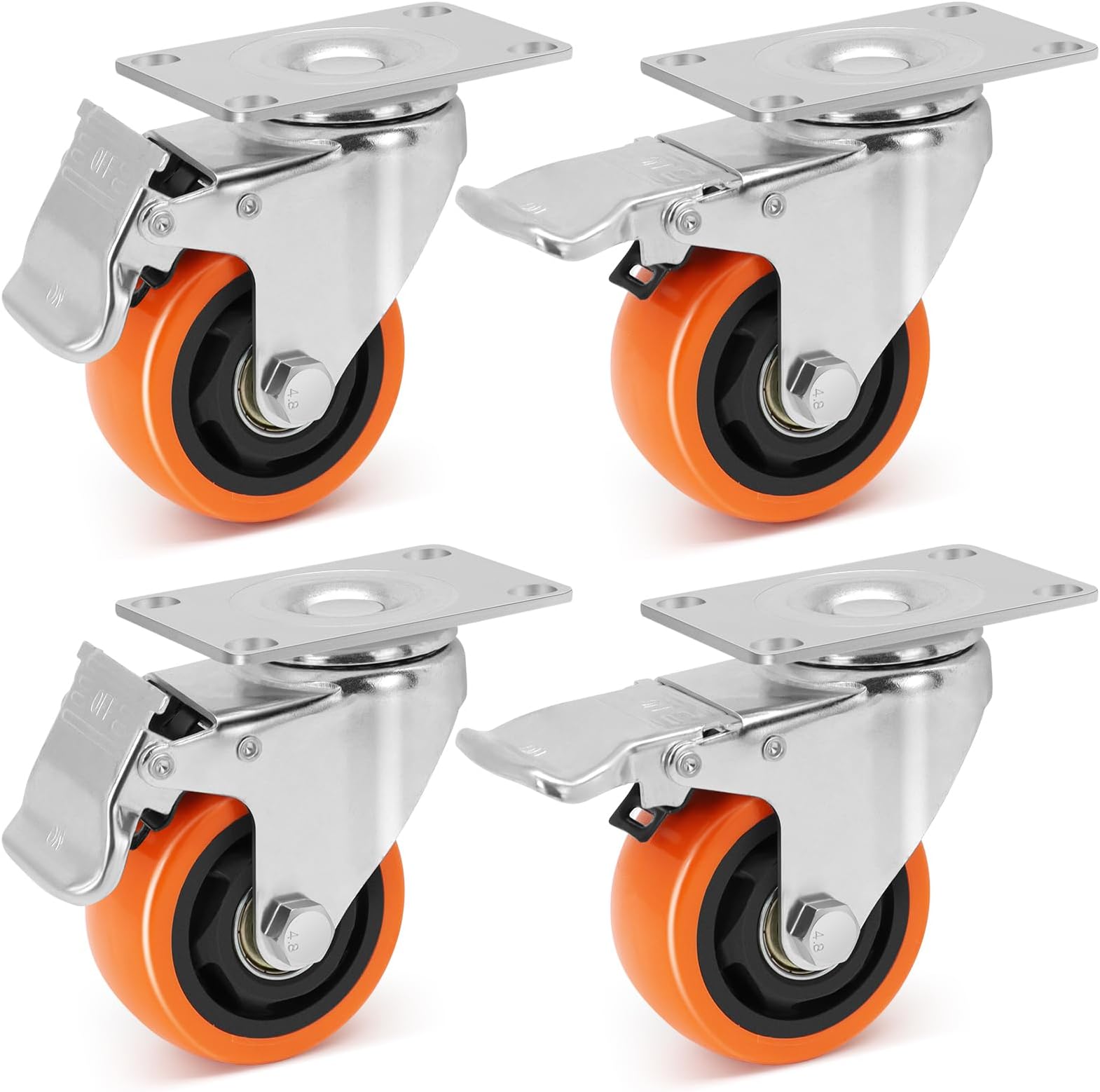 W B D WEIBIDA 3-inch Plate Swivel Caster Wheels with Dual Locking, Polyurethane Castors with 1000Lbs Load Capacity, No Noise & Durable Caster Wheels for Table, Trailer, Table, Toolbox, Bed, Set of 4