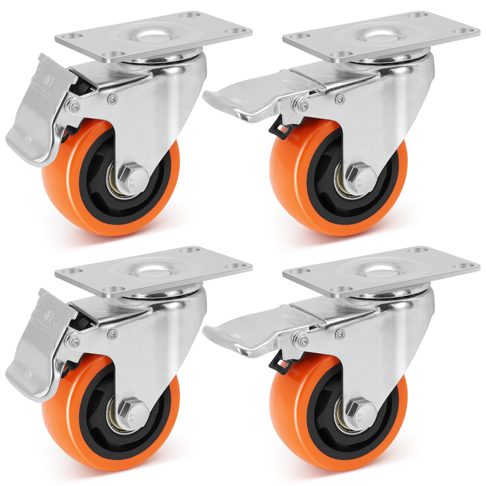 WBD WEIBIDA 3 Inch Swivel Caster Wheels with Brake, Safety Dual Locking Casters Set of 4 Heavy Duty of 1000lbs, Premium Polyurethane Wheels for Furniture and Workbench((Screws and Spanner)