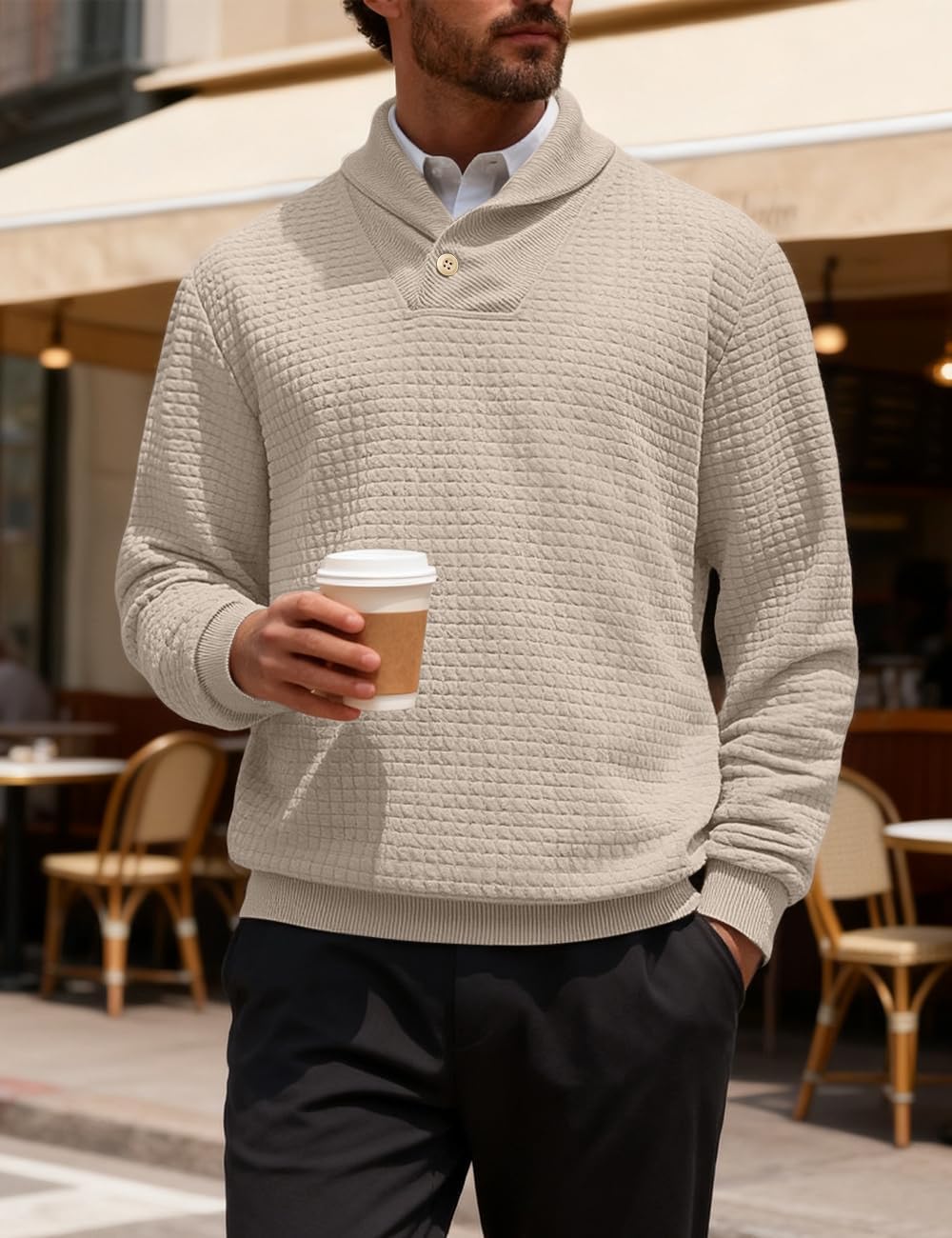 Men's Shawl Collar Sweaters Long Sleeve Button Turtleneck Sweater Textured Waffle Pullover - Image 3