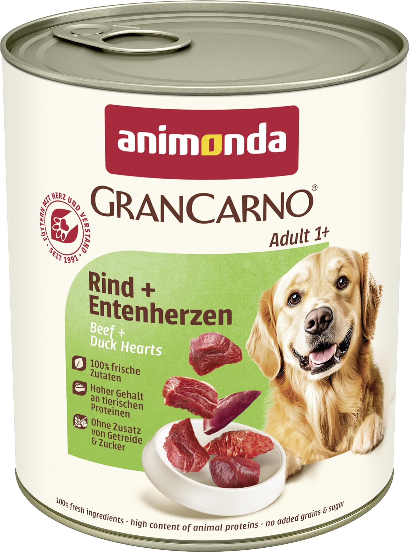 animonda GranCarno Hunde Nassfutter mit Rind + Entenherzen (6 x 800 g), getreidefreies Hundenassfutter ohne Zucker, für ausgewachsene Hunde, mit frischen fleischigen Zutaten
