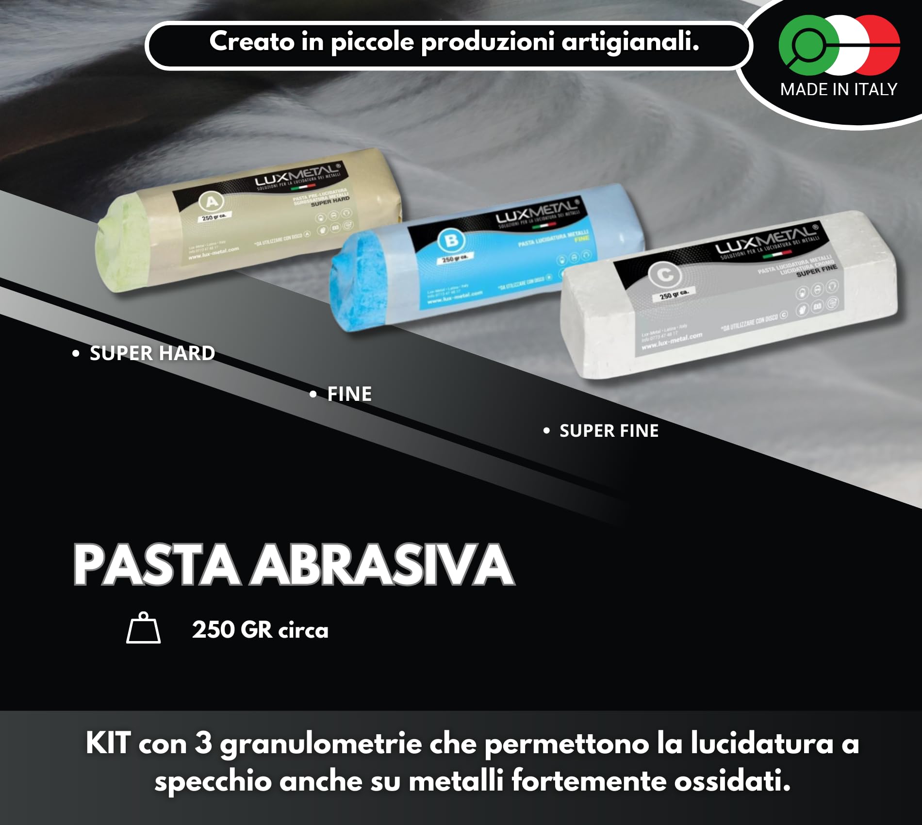 Lux Metal Kit Lucidatura 3 Pasta Abrasiva Lucidante 250 gr e 3 Disco Lucidatura 150 mm in Cotone Trapano Mola Dischi Per Lucidare Acciaio Inox Metalli Alluminio Set Lucida Cromature Ottone Ruota Rame