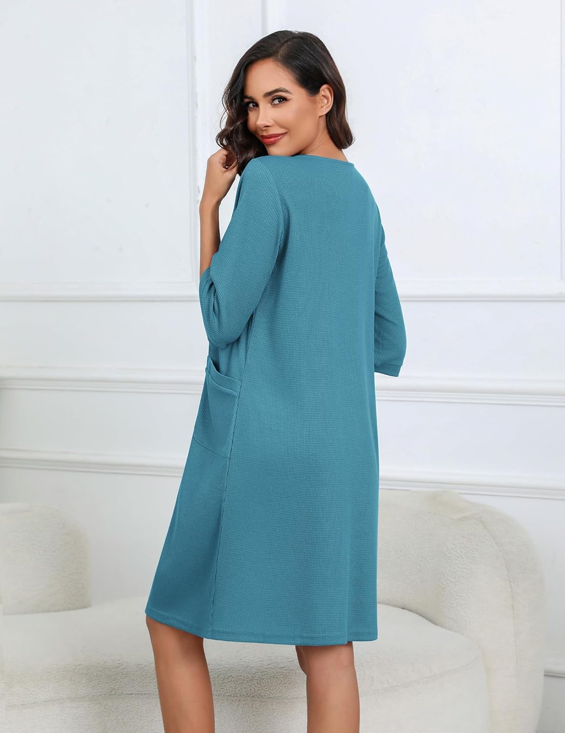 Ekouaer Women Zipper Robes Knee Length Waffle Knit Bathrobe Lightweight House Coat with Pockets 3/4 Sleeves Loungewear S-3XL - Image 2