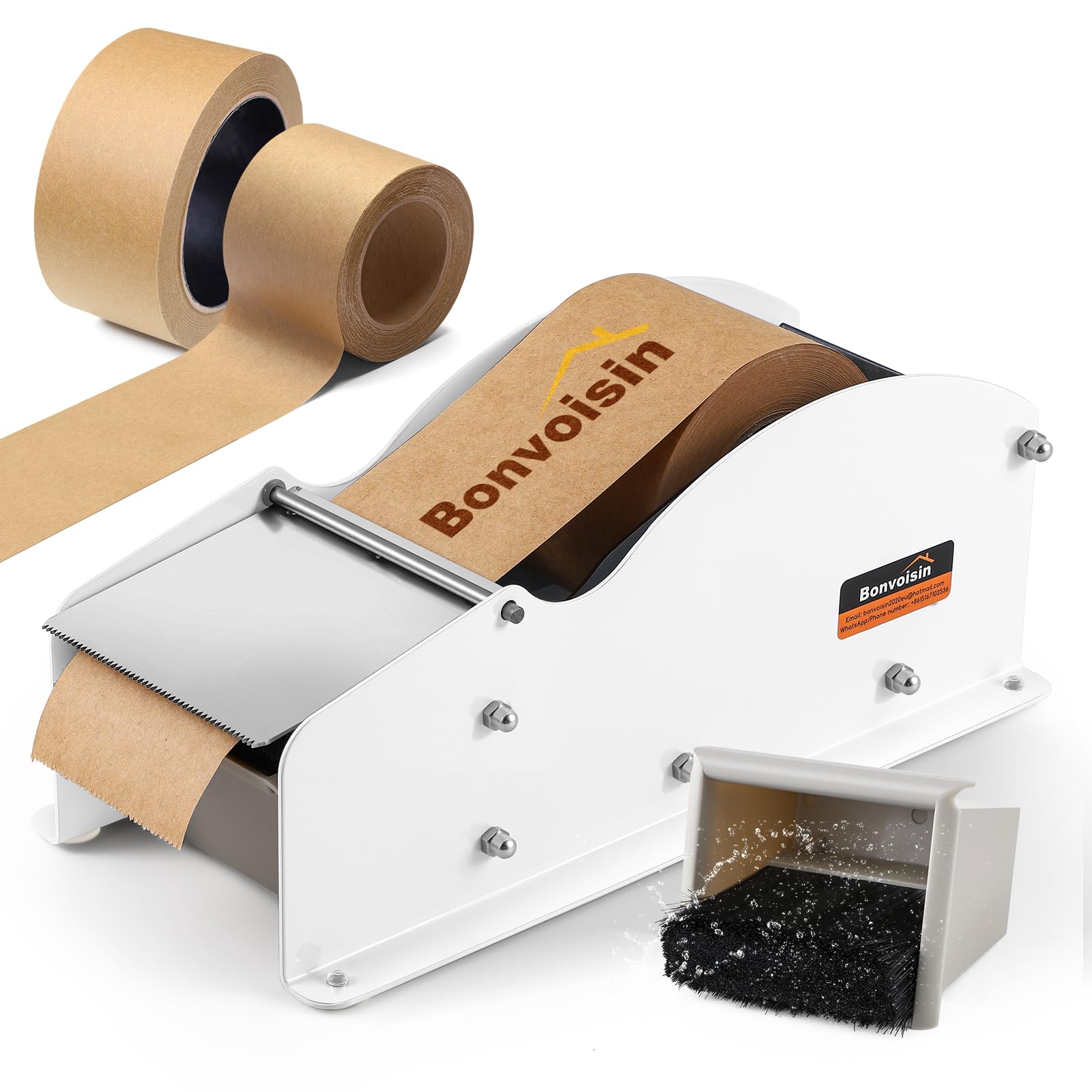 Bonvoisin Dispenser di nastro attivato ad acqua, manuale per carta kraft 25-90 mm, corpo in ferro, foglio in acciaio inox, serbatoio dell'acqua per 3-5 ore di funzionamento (originale)