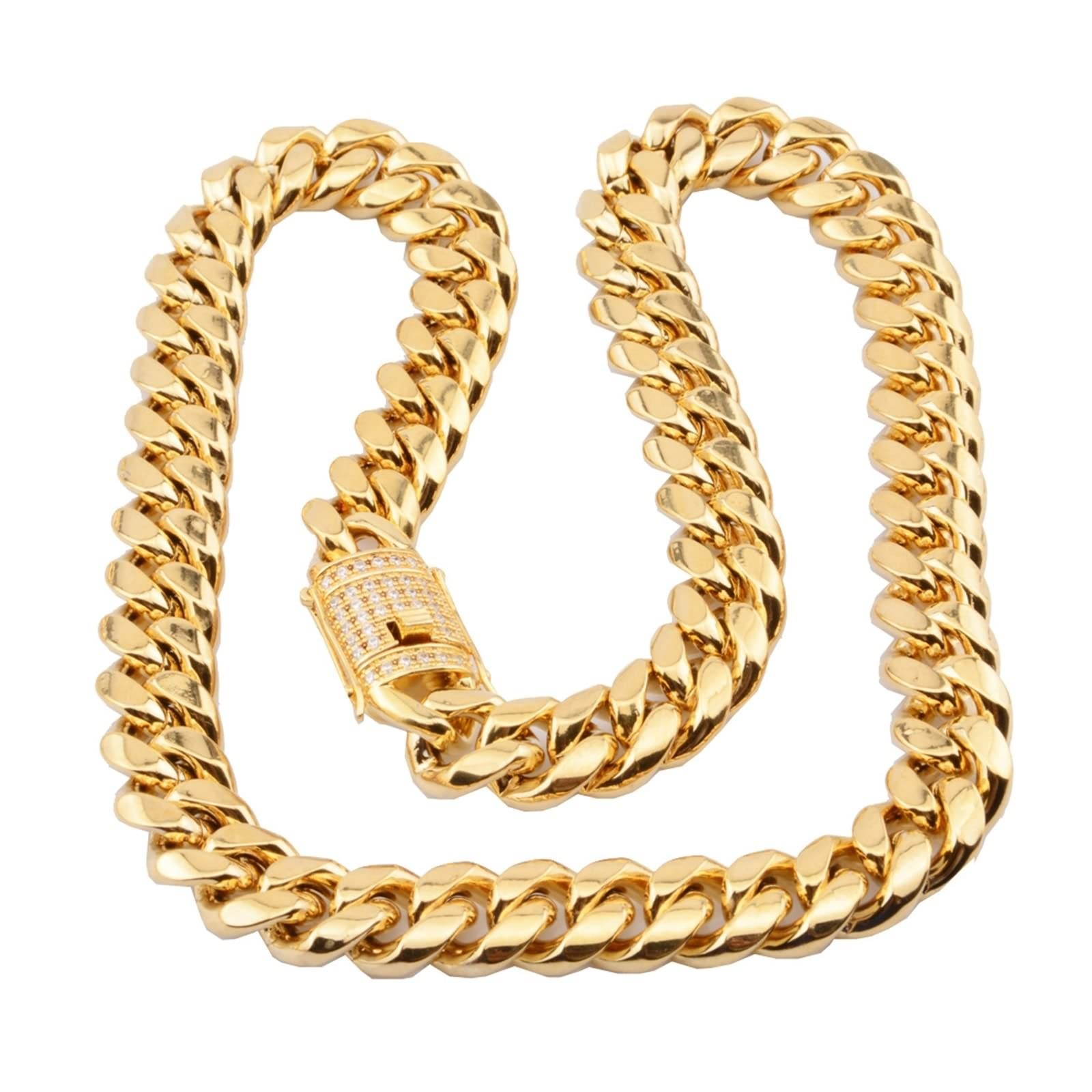 Cadena de acero inoxidable de 71 cm, collar para hombre de oro, cadena de acero inoxidable, joyería de 18 mm, cadena de metal con circonita, Acero inoxidable, Circonia cúbica