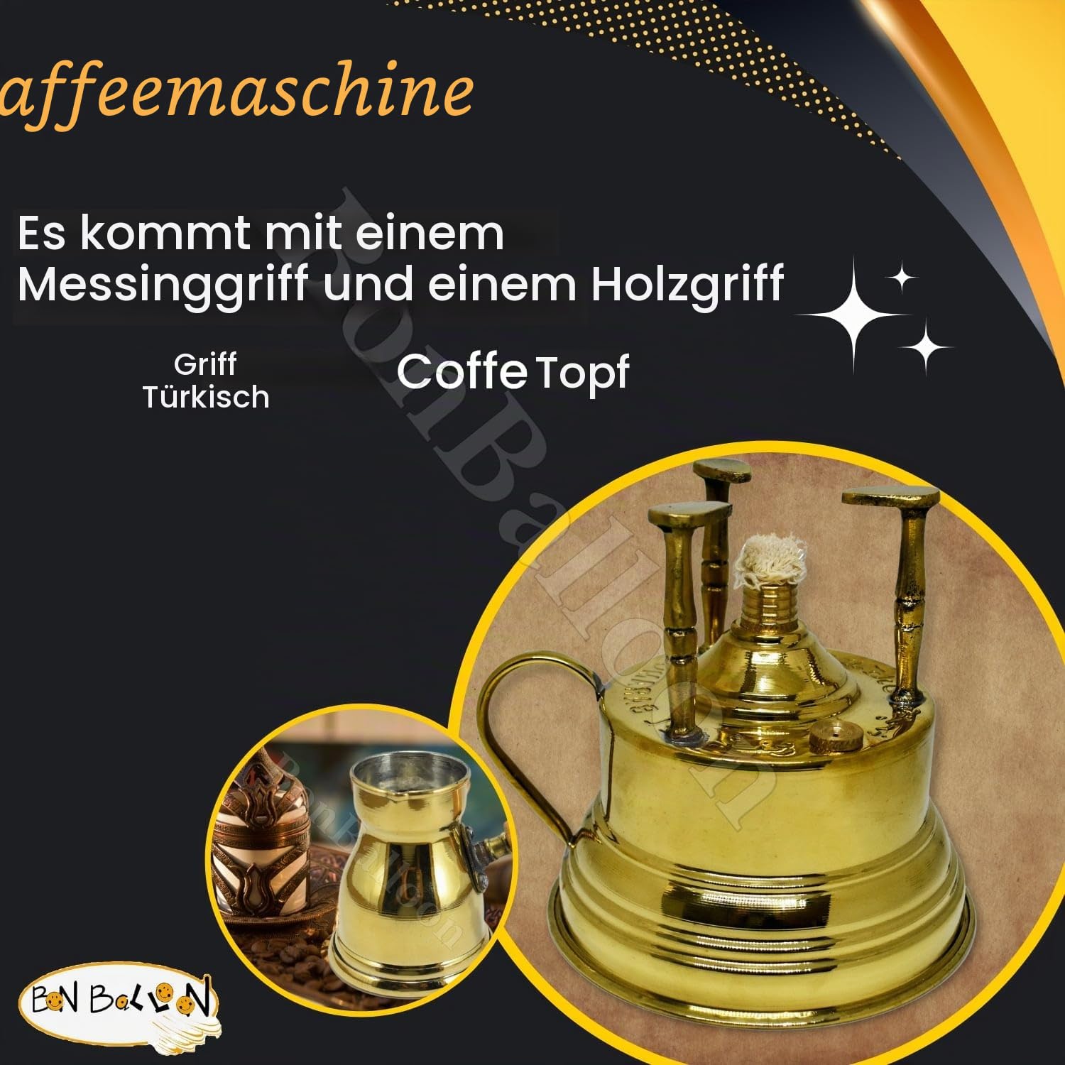 Al Bramony Türkischer griechischer Kaffee-Alkohol-Brenner aus Messing, Tischplatte mit Messinggriff, arabisch, massiv, groß, handgehämmert, ägyptischer Dekanter + Kanne, Ibrik, Größe N02