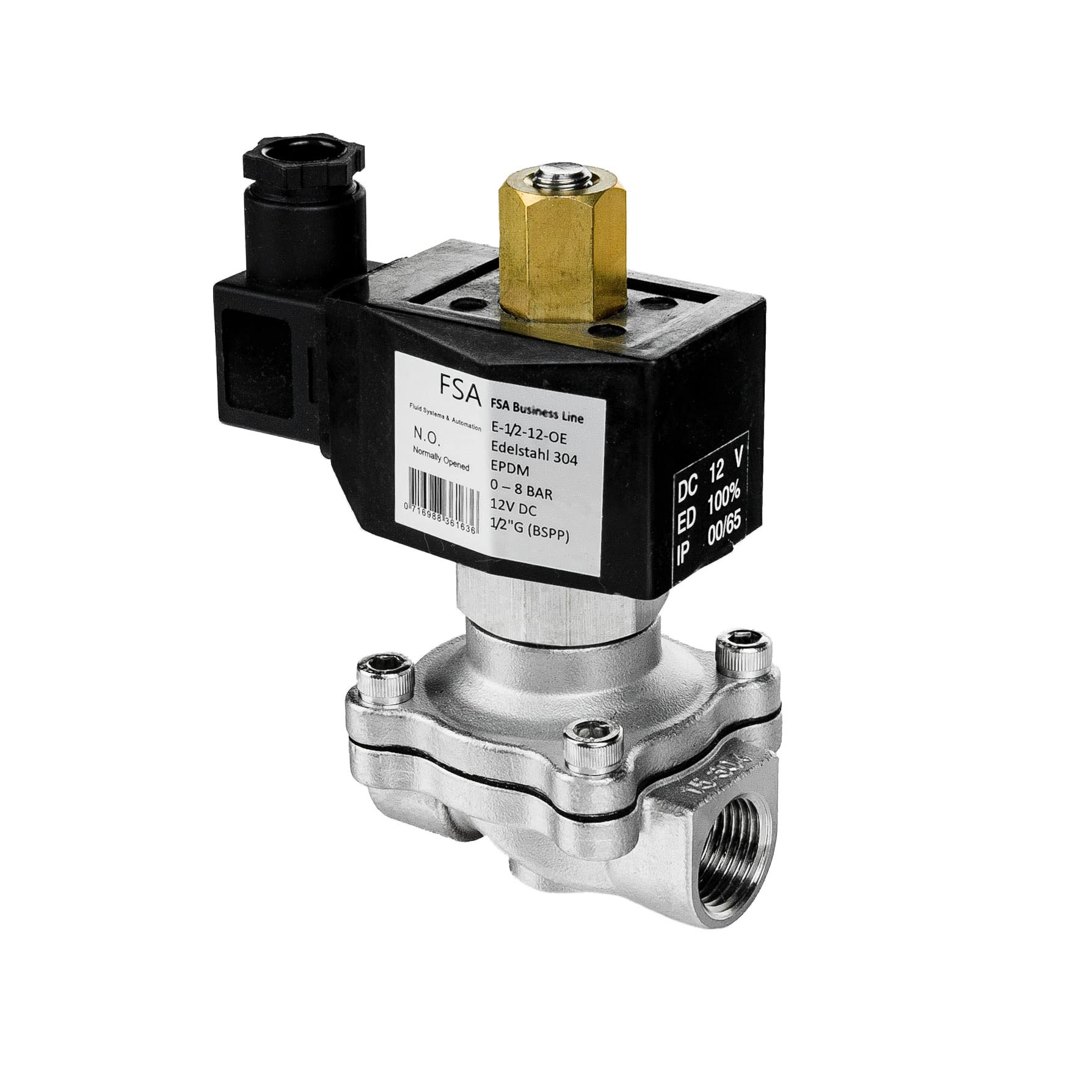 FSA électrovanne acier inoxydable 304 1/2" 12V DC 0-8 bar EPDM ouverte sans courant