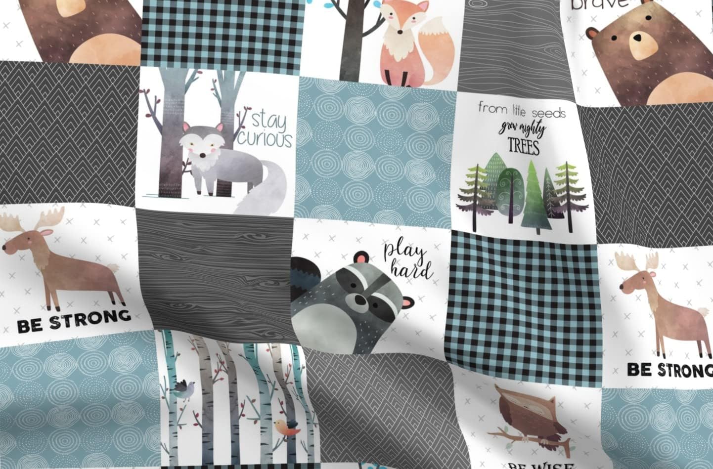 Spoonflower Fabric - Woodland Patchwork Quilt Bear Moose Fox Raccoon Wolf Gray & Blue Printed on Organic Cotton Sateen Fabric by The Yard - Sewing Quilting Apparel Home Decor