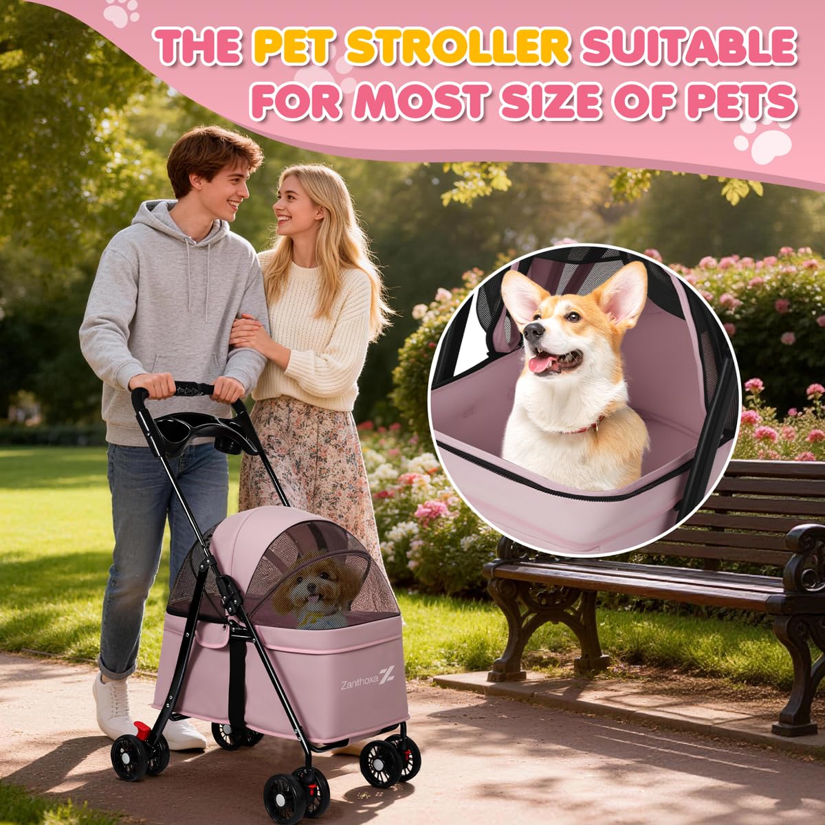 Dog Stroller, 4 Wheels Pet Stroller for Small Dogs & Cats, One-Click Foldable Cat Strollers Up to 33 Ibs with Sun Shades, Cup Holder and Breathable Mesh, Easy Assembly