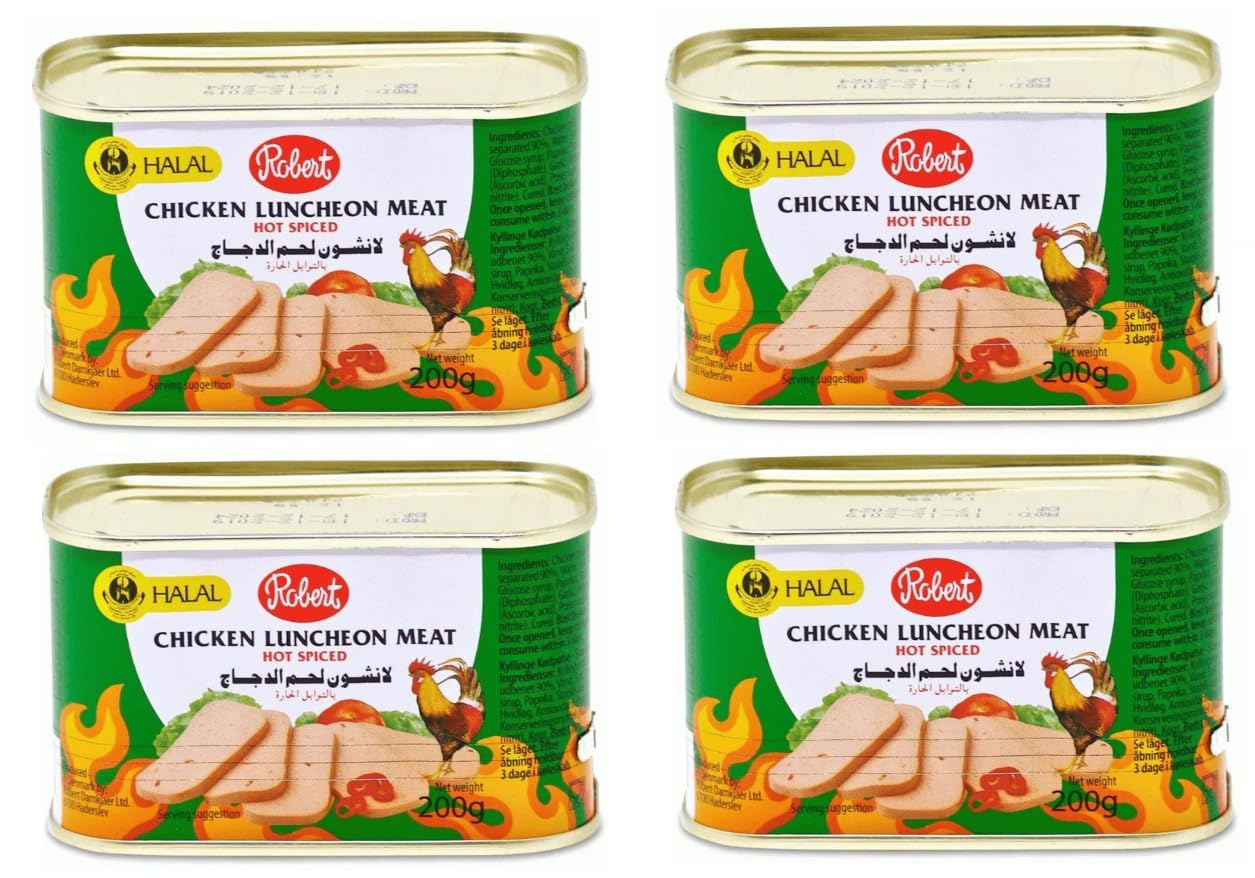 Elazvibes- Halal Chicken Luncheon Meat – 4 x 200 g (800 g) – Hähnchen Frühstücksfleisch – Dosenfleisch, lange haltbar, vielseitig für Sandwiches & warme Gerichte – Halal zertifiziert