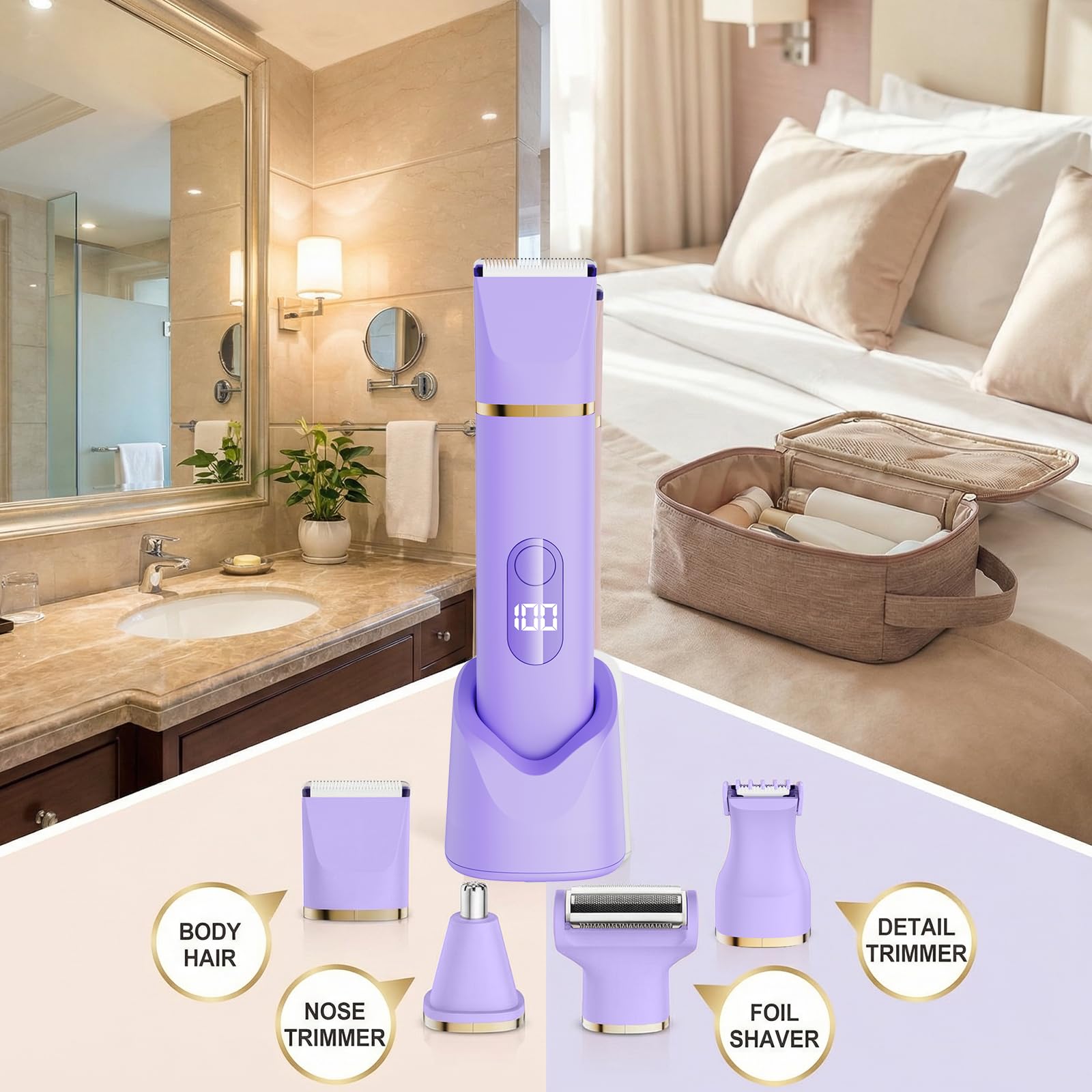 5-in-1 Elektrorasierer für Damen, Intimtrimmer, Bikini-Trimmer, Damenrasierer für Gesicht, Beine, Achseln und Schambereich, wasserdicht (Lila)