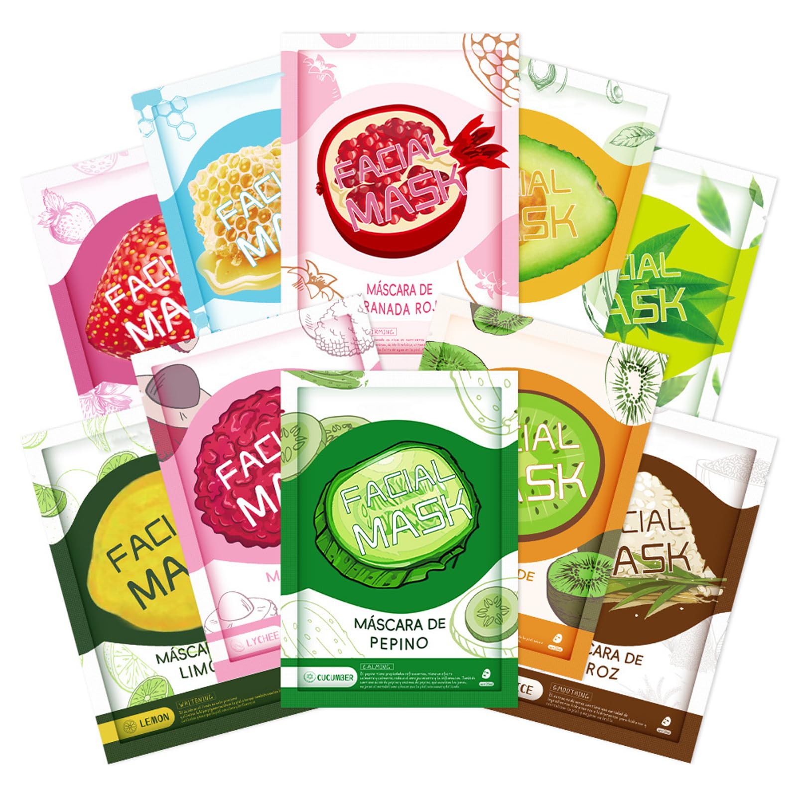 10 Sheet Face Mask Set, Face Masks Skincare, Fruit Plant Sheet Mask Brighten Hydrating Smoothing and Improve Dullness
