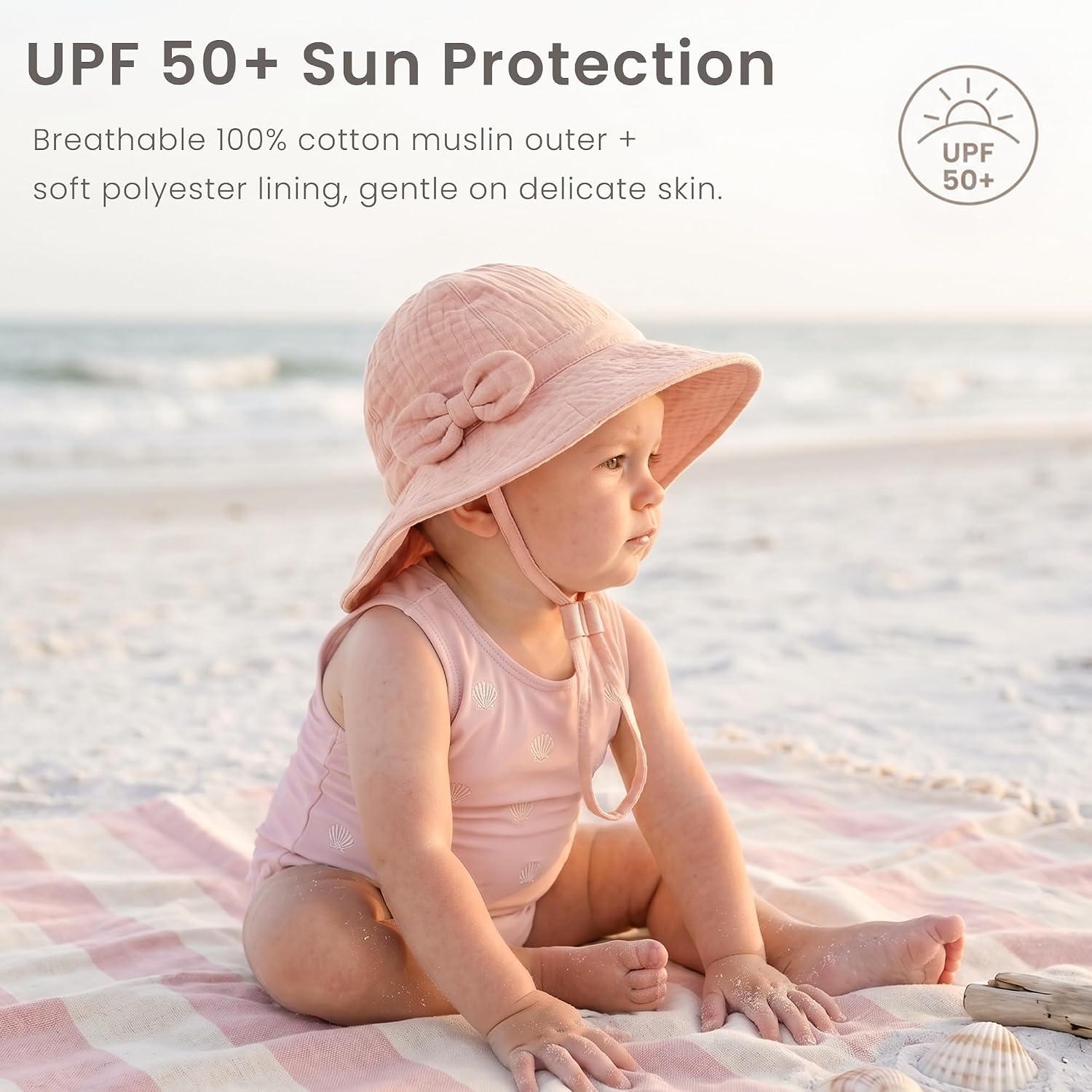 Konssy 2-Pack Muslin Baby Sun Hats for Girls with Bows, UPF 50+ image 2