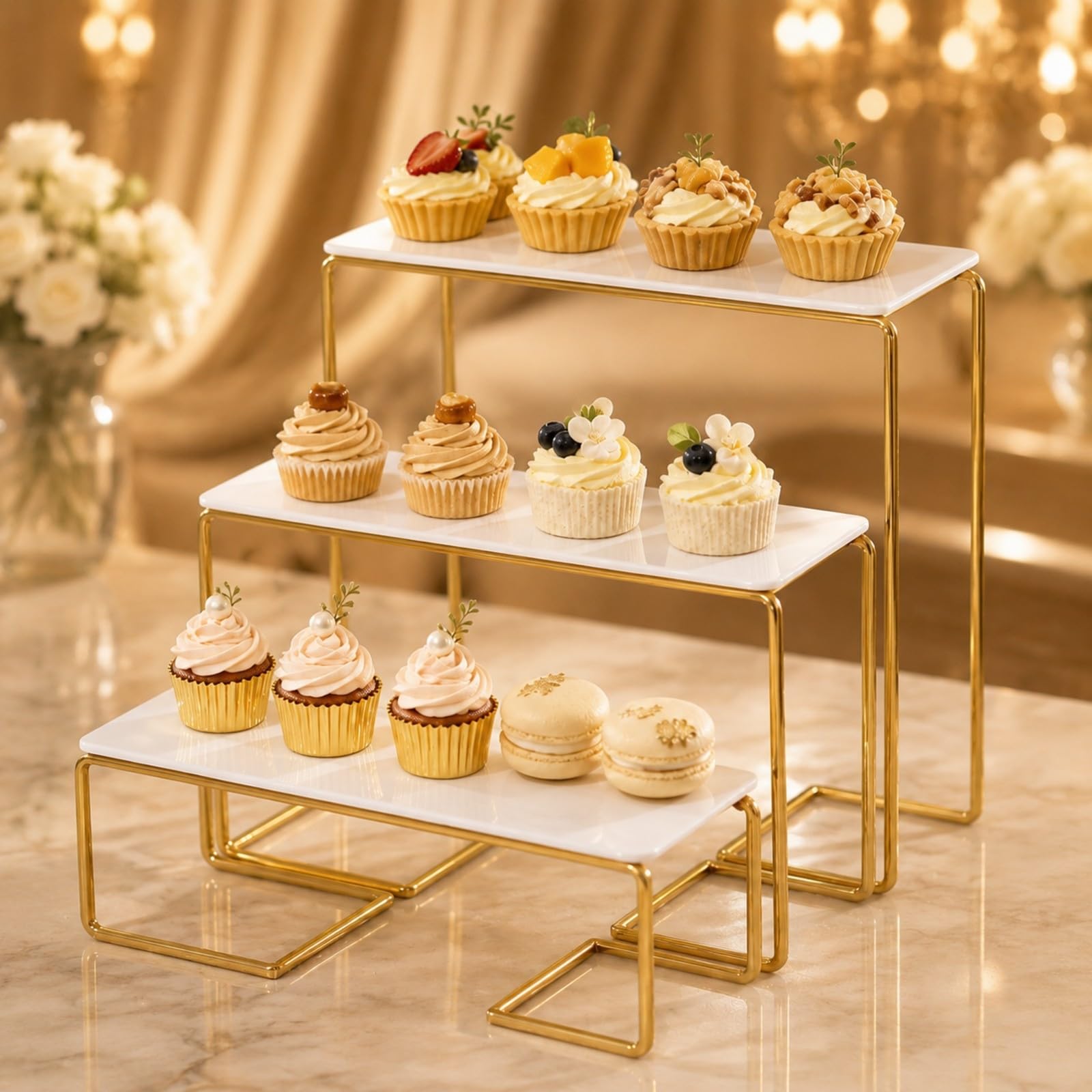 3 Piezas Soporte Postres Escalonado Rectangular Reutilizable Bandeja Servir Rectangular Multifunción para Cumpleaños, Dorado, Rectangular 3-Piezas