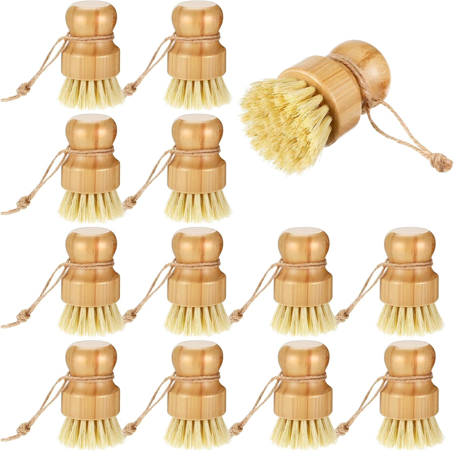 12 Pack Bamboo Dish Scrub Brushes Kitchen Dishwashing Scrubber Vegetable Brush with Hanging Rope Wooden Natural Sisal Bristles Cleaning Brush for Iron Pot Pan Sink