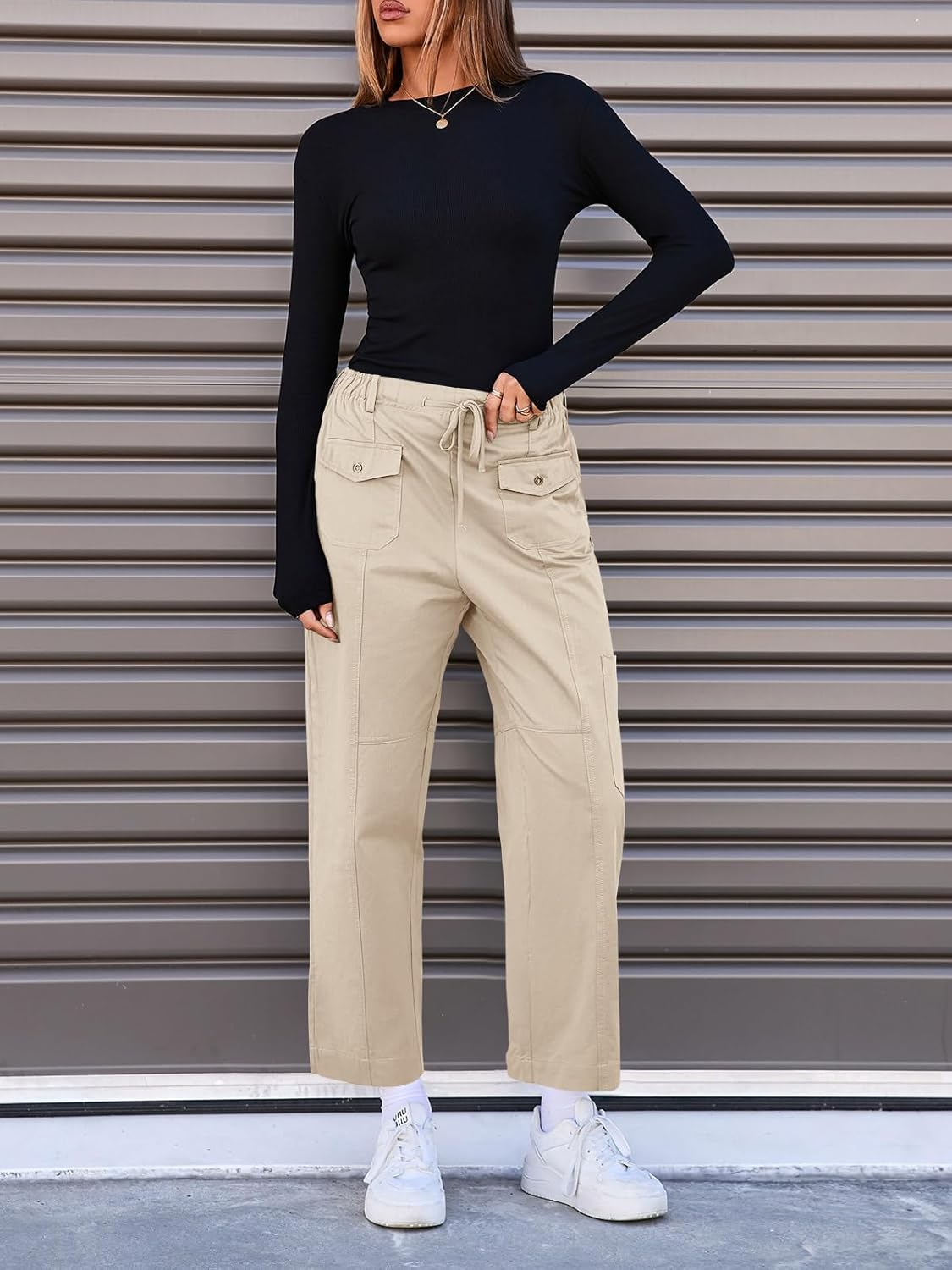 Fisoew Womens 100% Cotton Cargo Pants Drawstring Elastic Waist Casual Hiking Work Pants with Multiple Pockets - Image 3