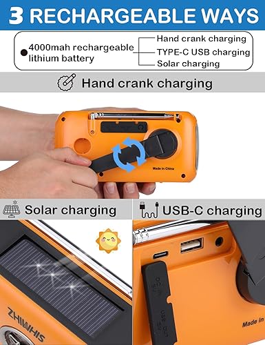 Miniatura 4 de ZHIWHIS Radio de emergencia con ventilador portátil, radios meteorológicas AMFMWB con sirena SOS, manivelapanel solar4000mAhperilla