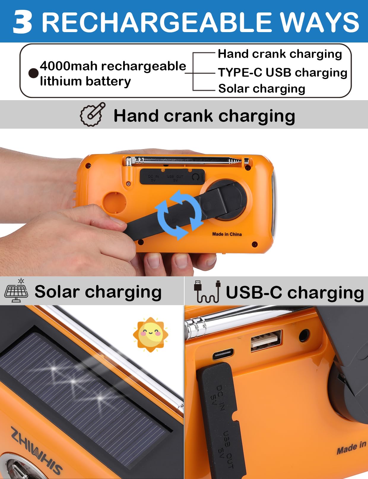 ZHIWHIS ZWS-380 - Radio di emergenza con ventilatore portatile, radio meteorologiche AM/FM/WB con sirena SOS, manovella, pannello solare, 4000 mAh, power bank, manopola rotante, ricevitore retrò
