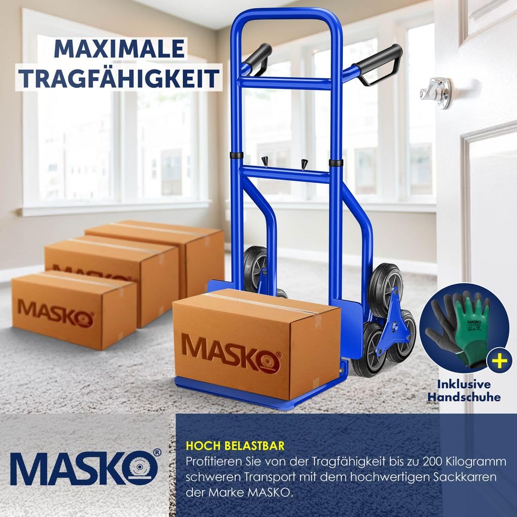 MASKO® Diable pour escaliers Pliable, 200kg, Pneus en Caoutchouc Dur | Poignées en Plastique | Cadre en Acier - Bleu