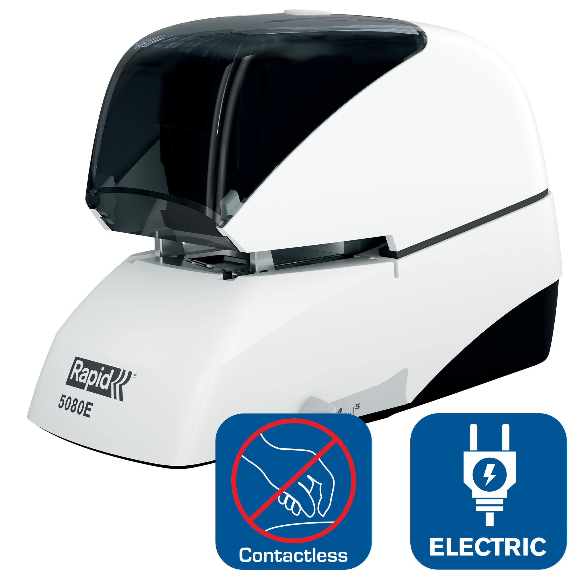 Zszywacz elektryczny 5080E bezdotykowy, szybki zszywacz do 80 arkuszy, opatentowany system kaset, technologia Flat Clinch, regulowana głębokość, srebrny/pomarańczowy, 20993411