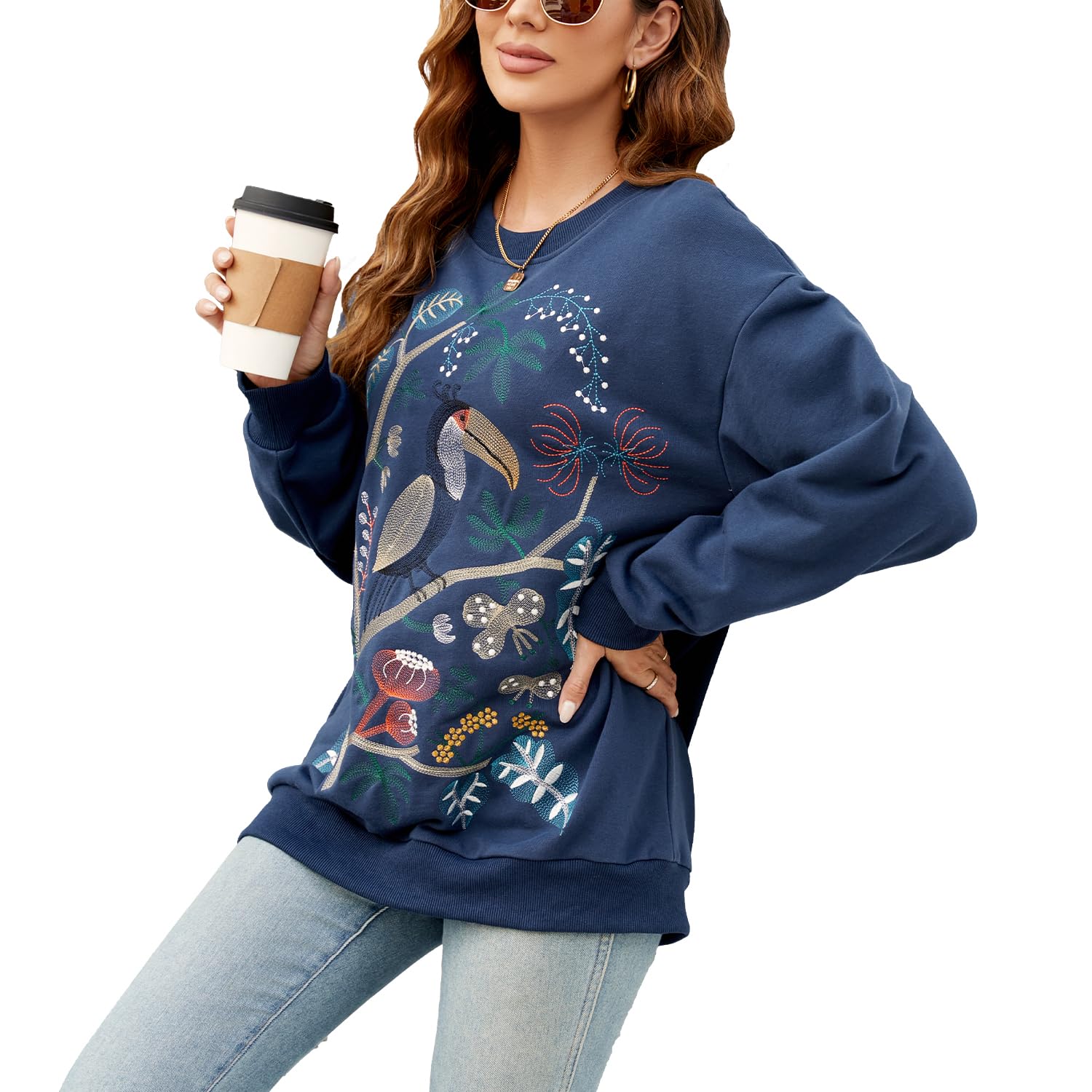 Mujeres Bordado Sudadera Manga Larga Invierno Cuello Redondo Suéter con Bordado Camisa de Manga Larga con Bordado Casual Top