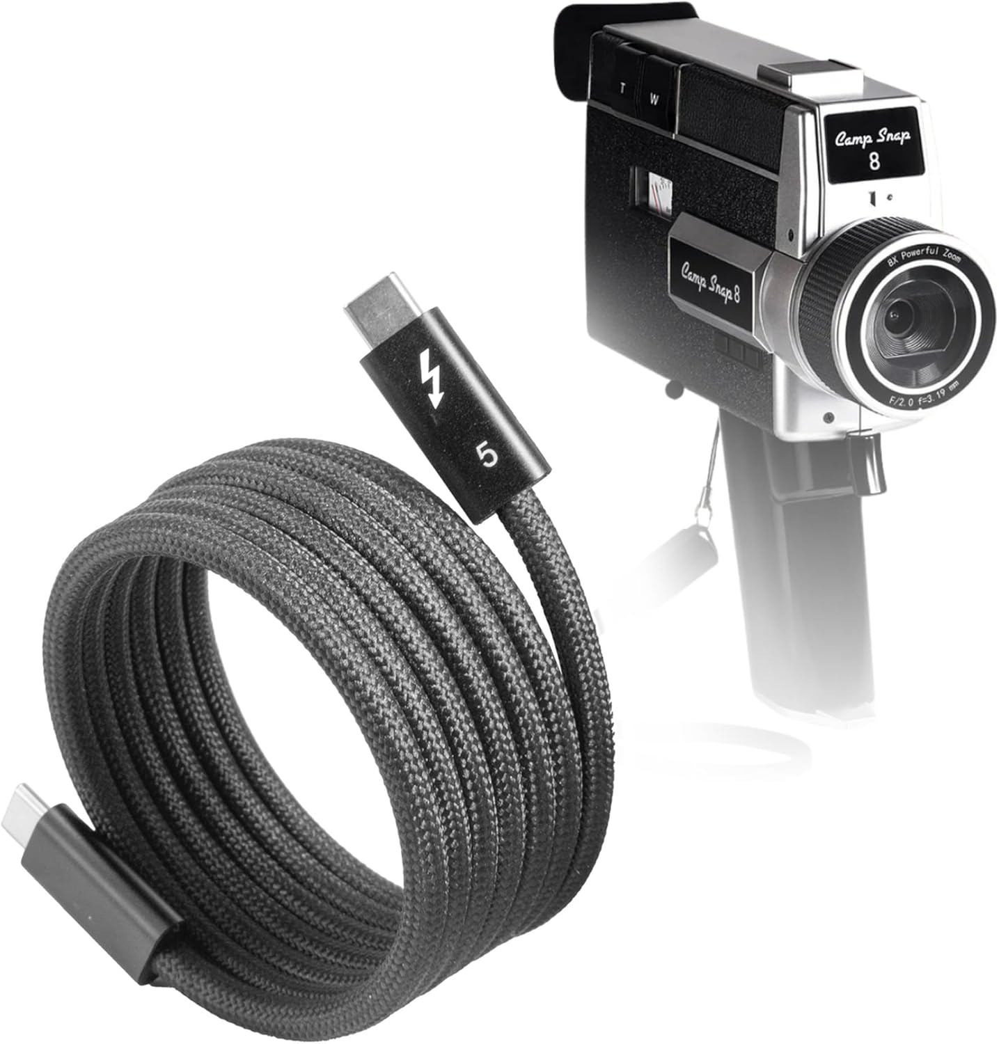 BoxWave Cable Compatible with Camp Snap CS-8 Digital Video Recorder - SnapWrap Thunderbolt 5.0 Cable (5ft 240W), Magnetic Self-Coiling Nylon Braided Retractable - Jet Black