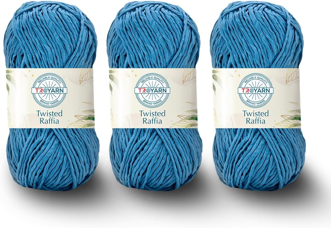 Troyarn Twisted Raffia Yarn for Crafting and Design for Creative Projects, Sustainable Soft Beach Bag,Hat, Hand Knitting Handbags Medium(4) 100% Polyester/(3x3.52 Oz)/(3x109 Yd) (11819 - Denim Blue)