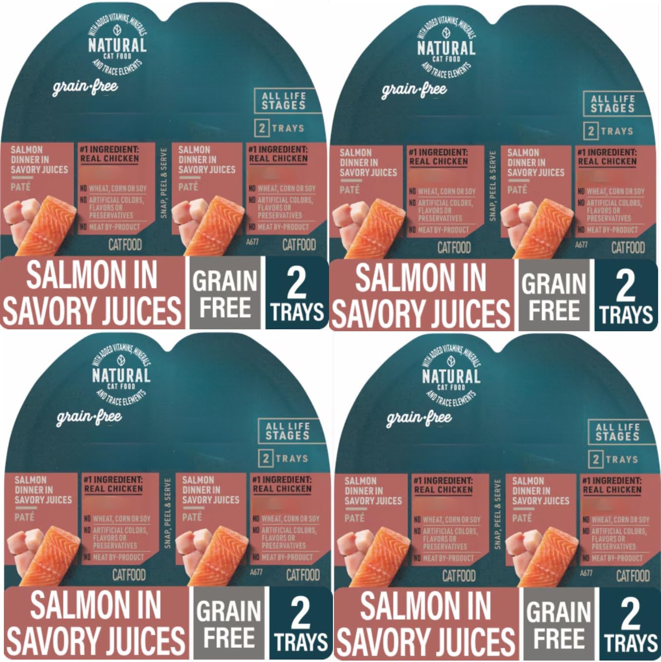 Grain Free Salmon Pate Wet Cat Food 8 Individually Sealed Trays (4 Twin Packs) - Natural No Wheat Corn Soy, Easy Peel Lids, Complete Balanced All Life Stages Kitten Adult Senior Indoor Cats Soft Pate