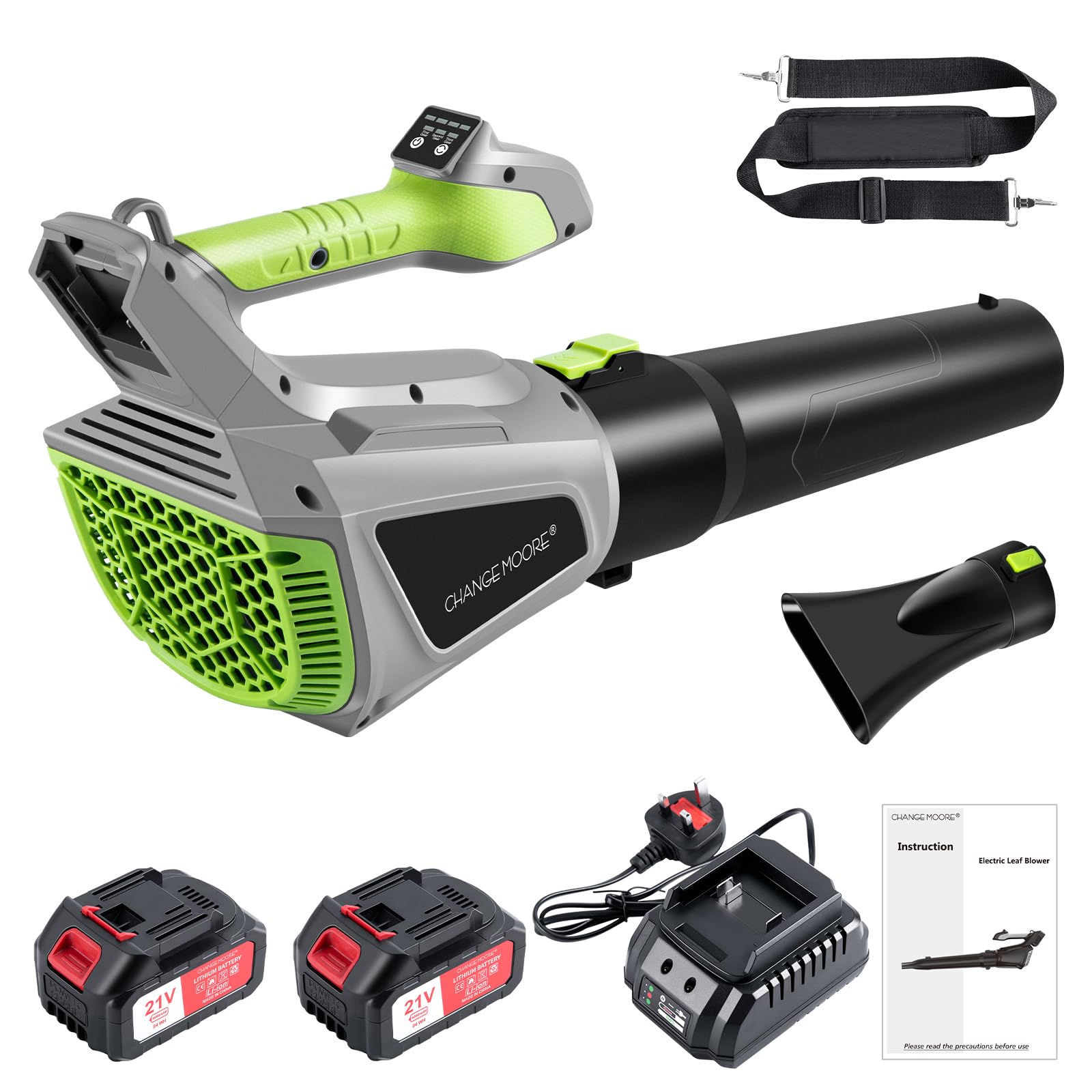 CHANGEMOORE 380CFM Lightweight Leaf Blower Cordless with 2X4.0Ah Batteries, Charger & 3-Speed Mode, Shoulder Straps, Clear Garden Leaves from Patios, Gutters, Driveways, Green A