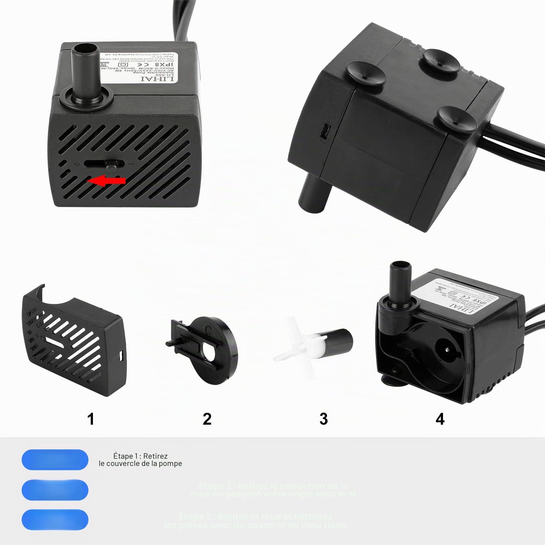Mini pompe à eau avec 4 lumières LED 350 l/h 3,5 W, pompe à eau d'aquarium pour jardin, fontaine, rocaille, pompe à eau pour jardin, pompe submersible, hauteur de refoulement maximale 0,85 m
