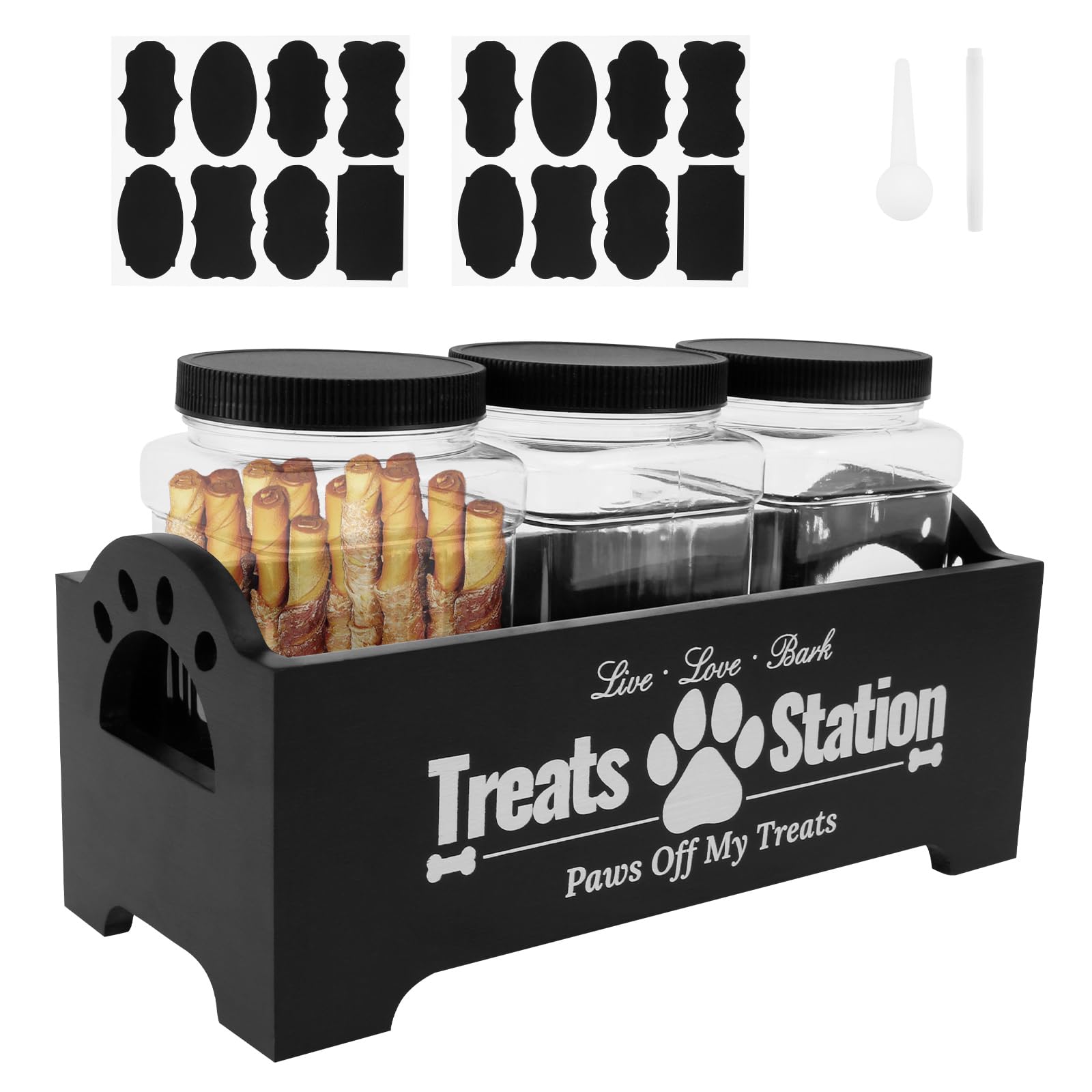 HZUIZXYO Large Dog Treats Container, Farmhouse Wood Cat Treat Container Pet Treats Storage Food Storage Container with 3 Jars Cat Treat Organizer wood treat jar,Practical Pet Treat Storage (Black)