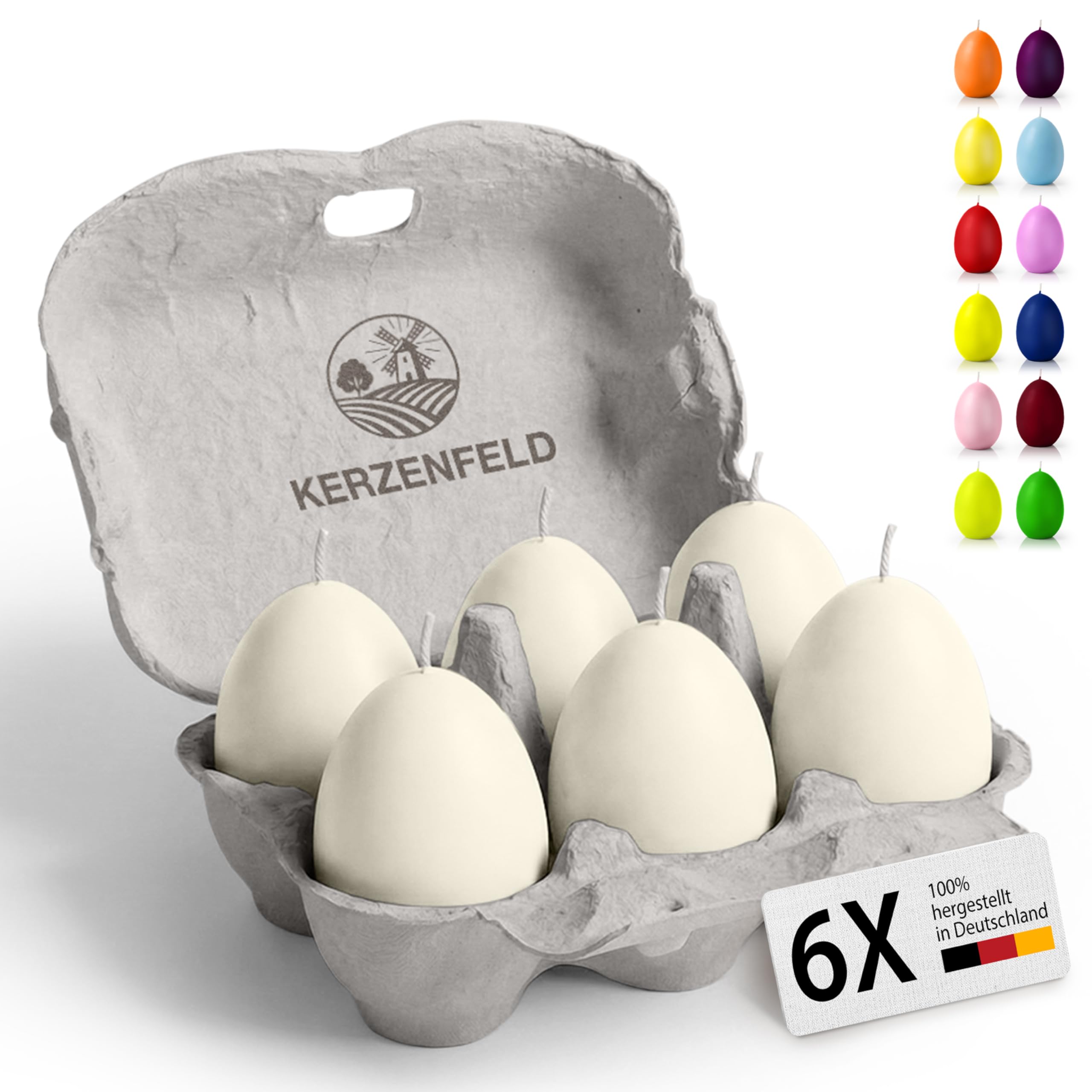 Bunte Eierkerzen 6 Stück, 60 x 45mm hochwertige Osterdeko - Ostereier Kerzen mit 7+ Stunden brenndauer, Made in Germany