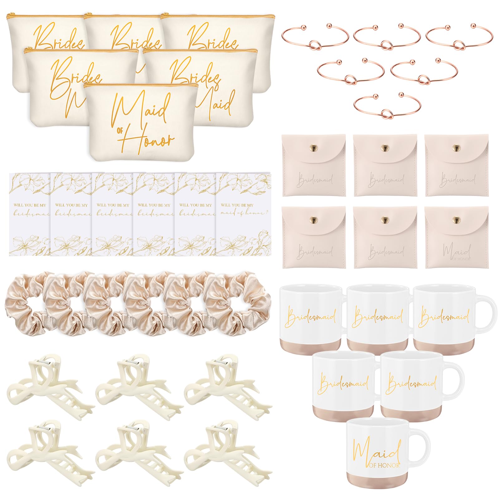 Didaey 42 Pcs 6 Sets Wedding Favors Bridesmaid Proposal Gifts Maid of Honor Ceramic Coffee Cups Cosmetic Makeup Bags Invited Cards Scrunchies Knotted Bracelets Jewelry Bags Hair Claw Clips(Champagne)