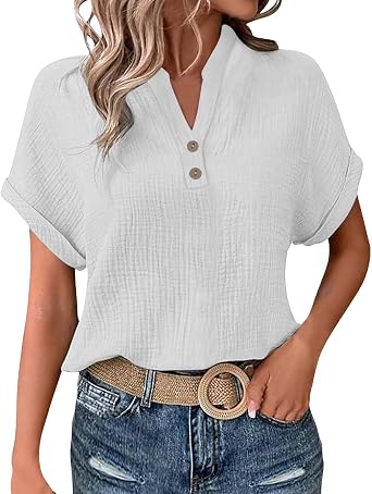 Womens Short Sleeve Cotton Linen Shirts Henley Dressy Casual Summer Tops 2025 Trendy Blouses Beach Vacation Clothes