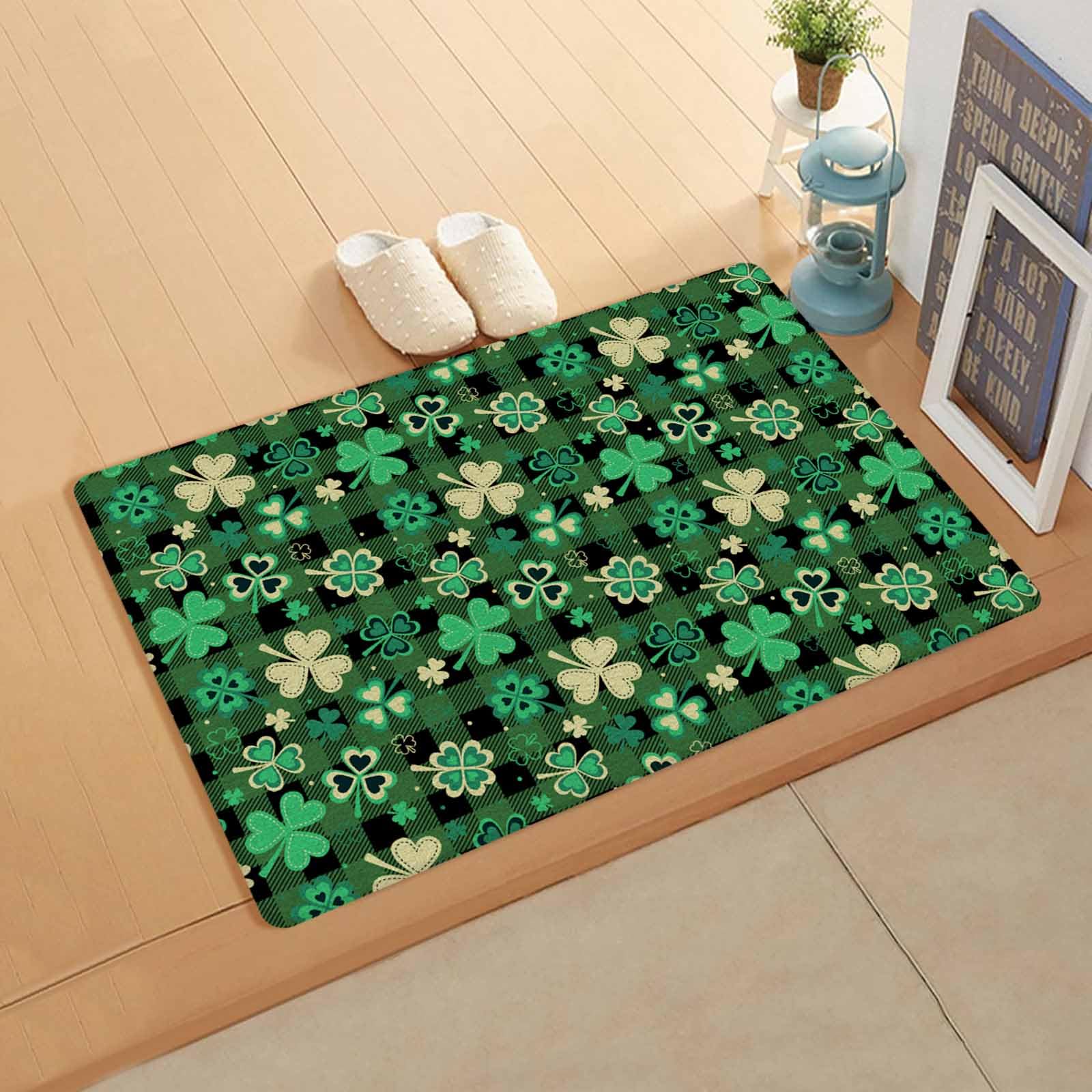 St. Patrick's Day Kitchen Bath Door Mat Cushioned Runner Rug,Washable Welcome Floor Sink Antifatigue Mat,Waterproof & Non-Slip Comfort Standing Doormat,Farmhouse Buffalo Plaid Green Plant 24