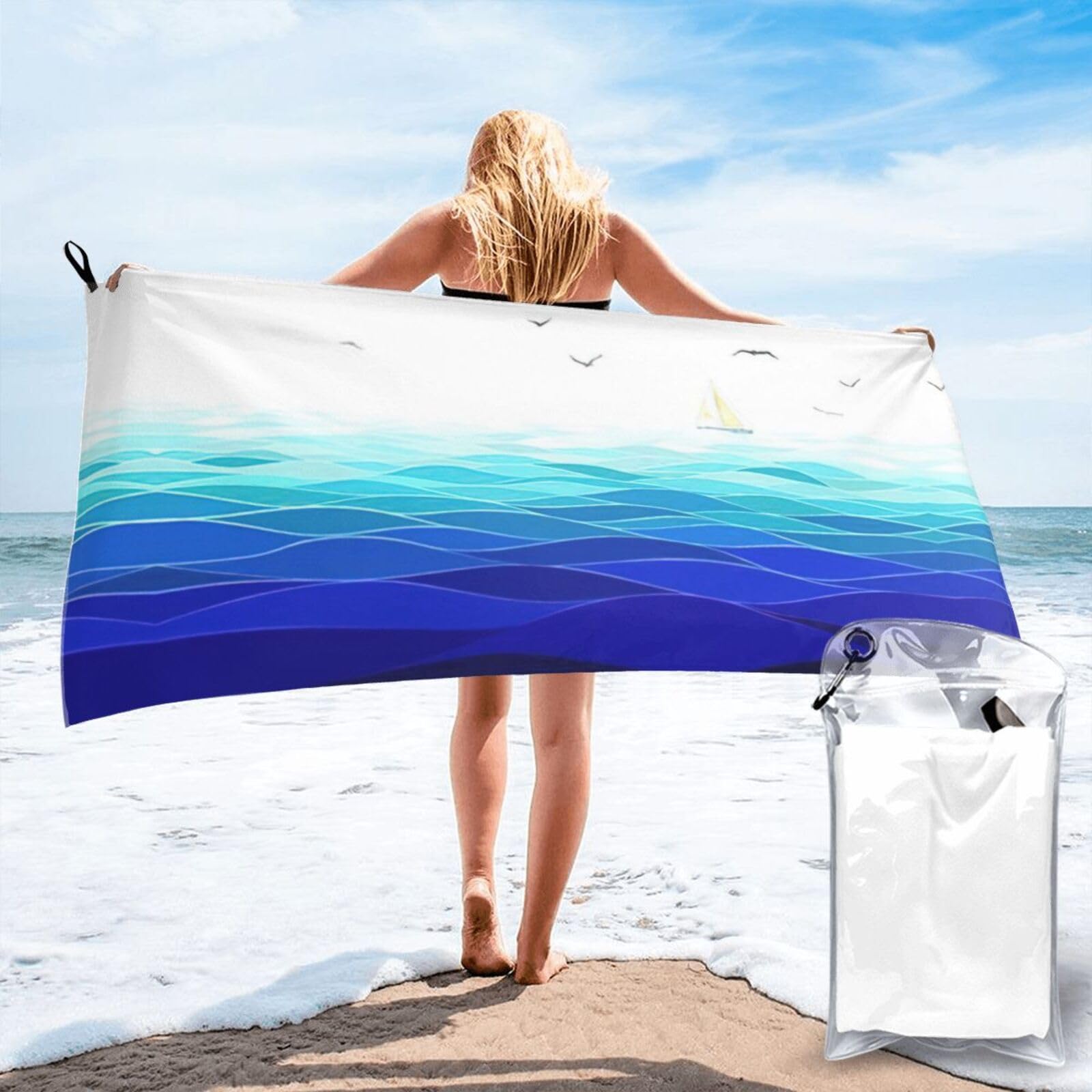 WYCZHY Ocean Waves Sailboat With Birds Maritime Print Beach Towel Soft Quick Dry For Spa Pool Gym Vacation Travelers Women Men Adults Sauna Gift