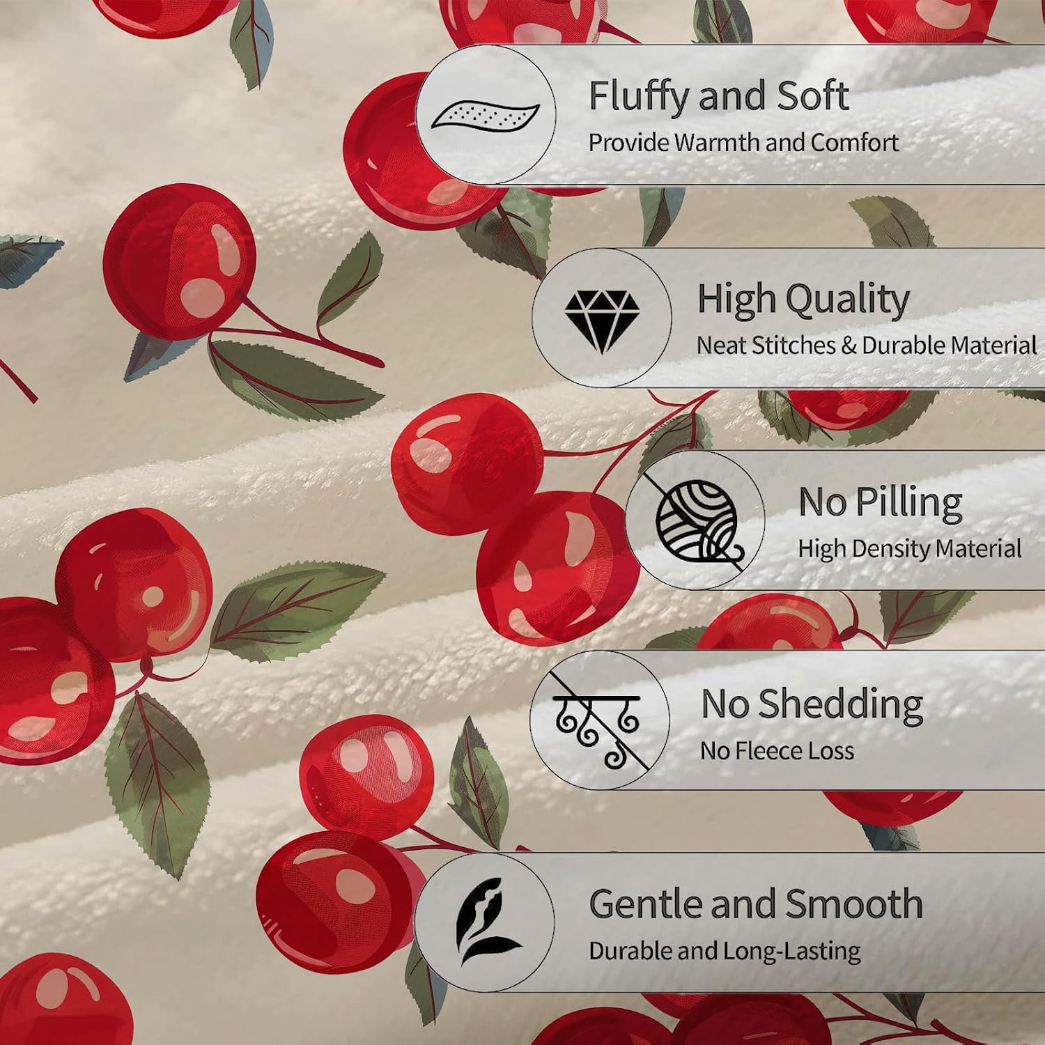 Red Cherry Blanket - Soft Lightweight Cozy Fruit Flannel Throw Blanket for Adults Kids Women Girls, Fuzzy Warm Blankets for Couch, Bed, Travel, Outdoor Use, Home Decor 60×50 in