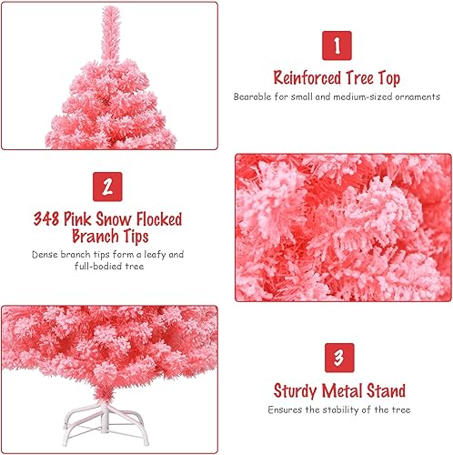 Miniatura 5 de Happygrill Árbol de Navidad rosa, árbol de decoración de Navidad de 4.5 pies con 348 puntas de PVC flocadas de nieve y soporte de metal, árbol