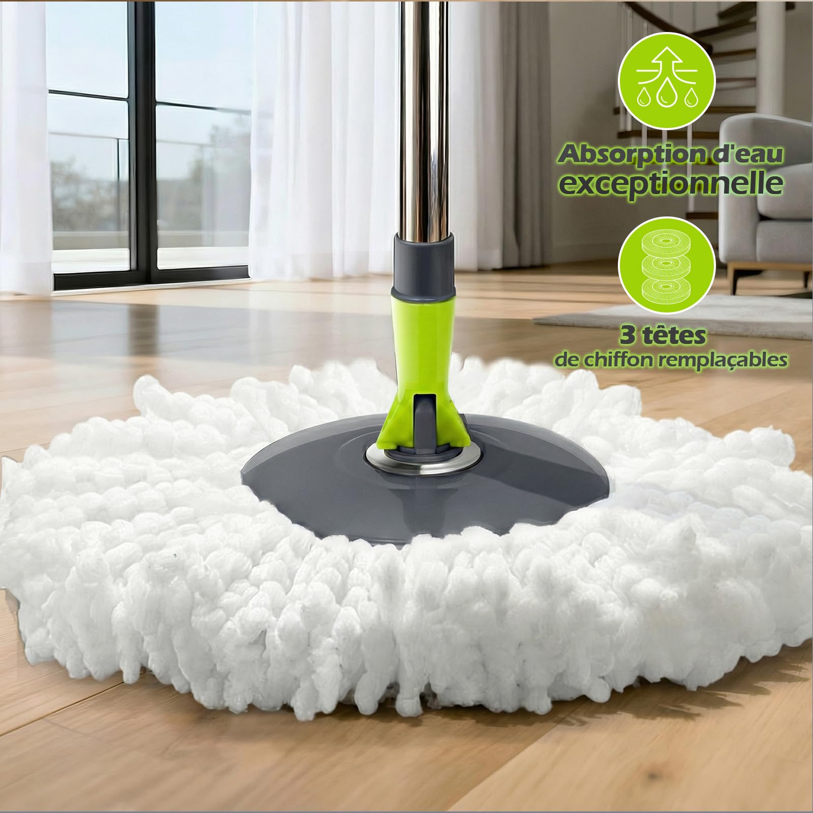 Masthome Serpillière Seau Essoreur,Balai Serpillère Rotative 360° en Microfibre Balais Nettoyer Sol Réglable avec Essoreur Rotatif et 3 Tetes Serpillere,Vert