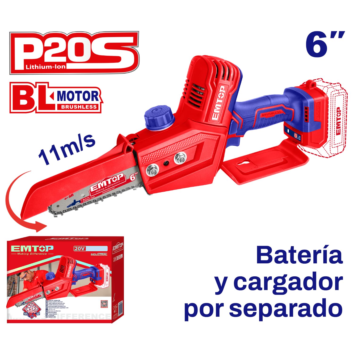 EMTOP | Batería | 20 V | Largo Espada 6" (15CM) | Velocidad Cadena 11 M/S | Ideal para Uso Profesional y Doméstico | Diseño Ergonómico para Mayor Comodidad de Uso