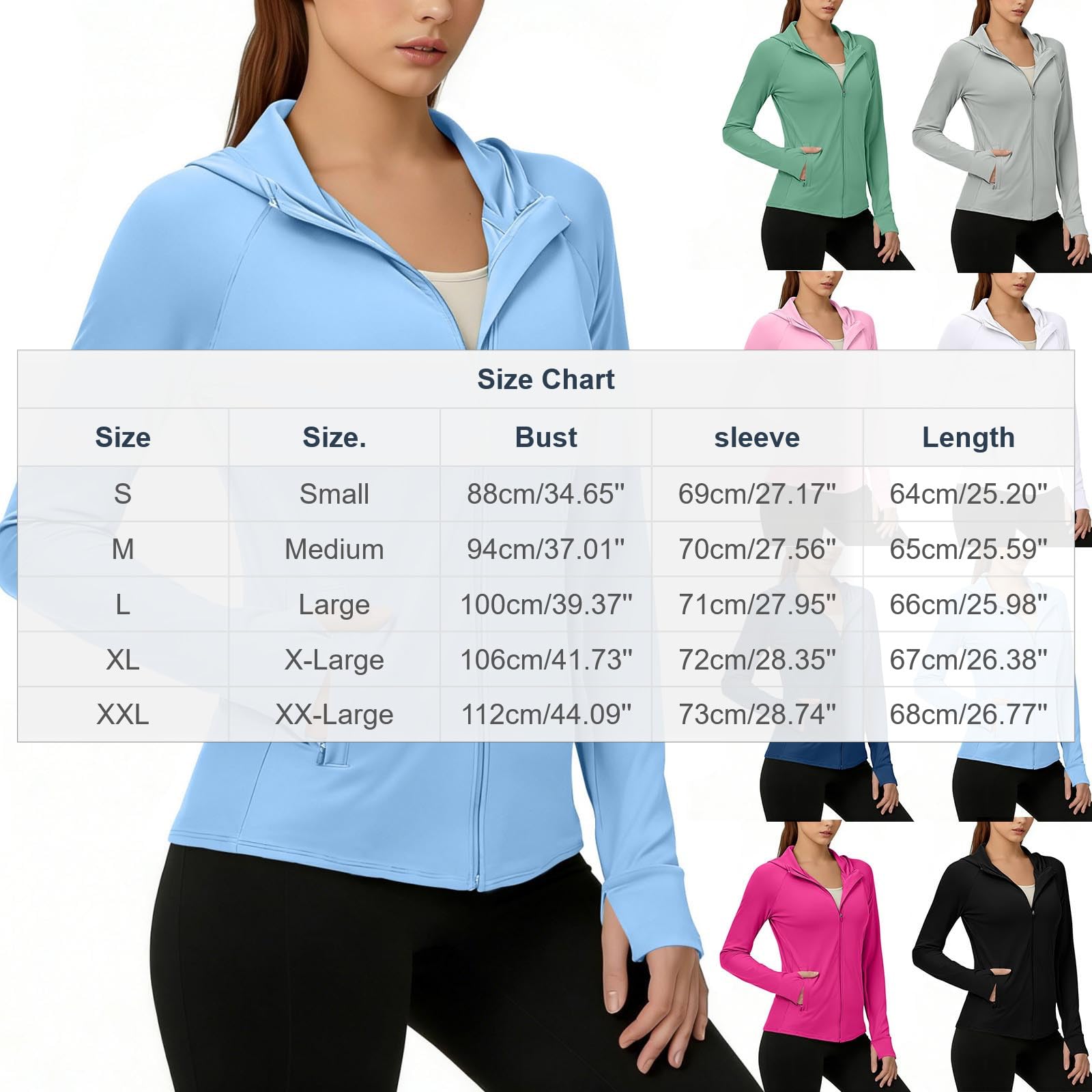 Chaqueta de correr para mujer, con protección solar UPF 50+, con capucha, de secado rápido, con cremallera, ligera, atlética, protección UV, bolsillos, para senderismo, pesca, con agujero para el